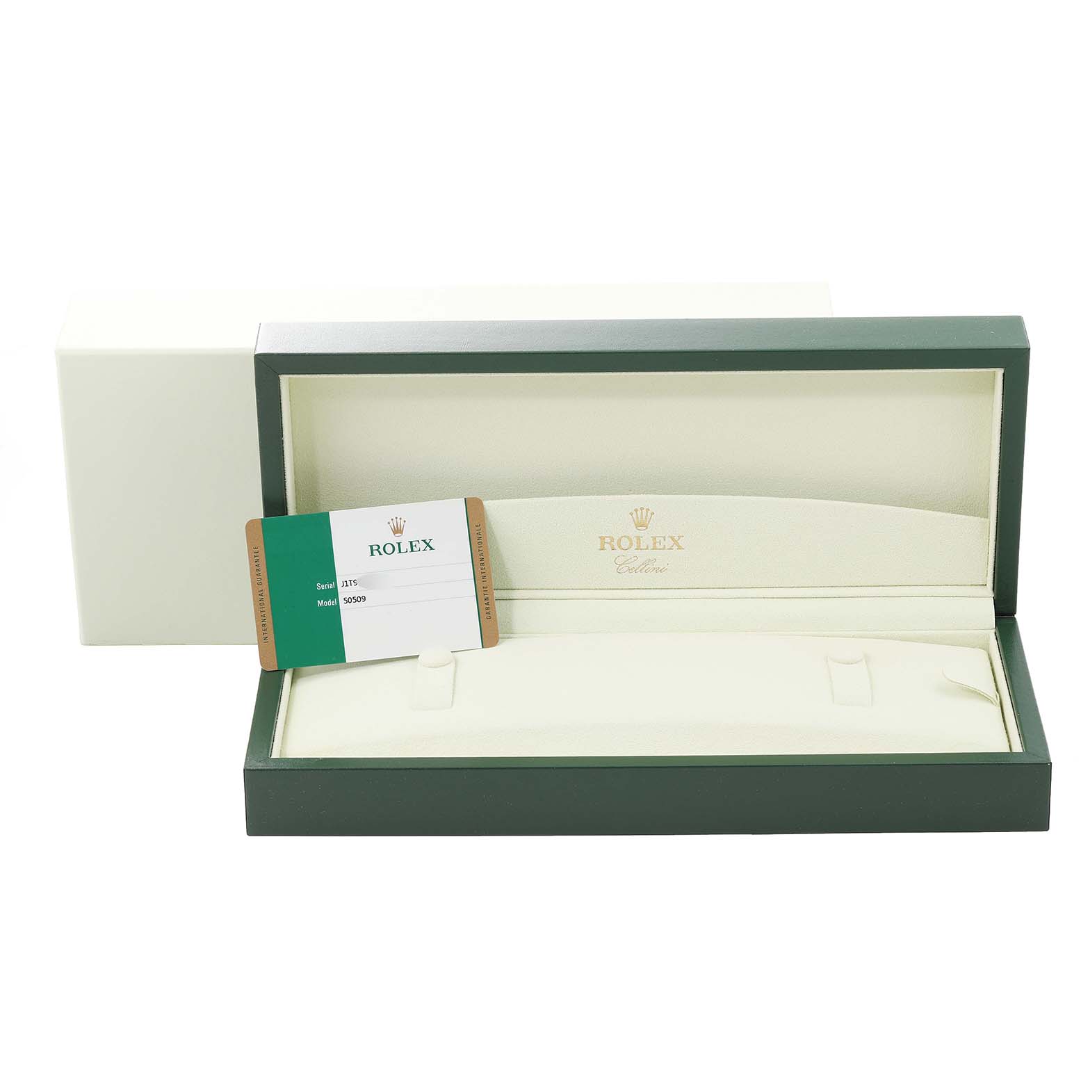 The image shows the open box and warranty card of a Rolex Cellini 50509 Men's White Gold Black Dial 50509 Men's White Gold Black Dial watch, viewed from the front.