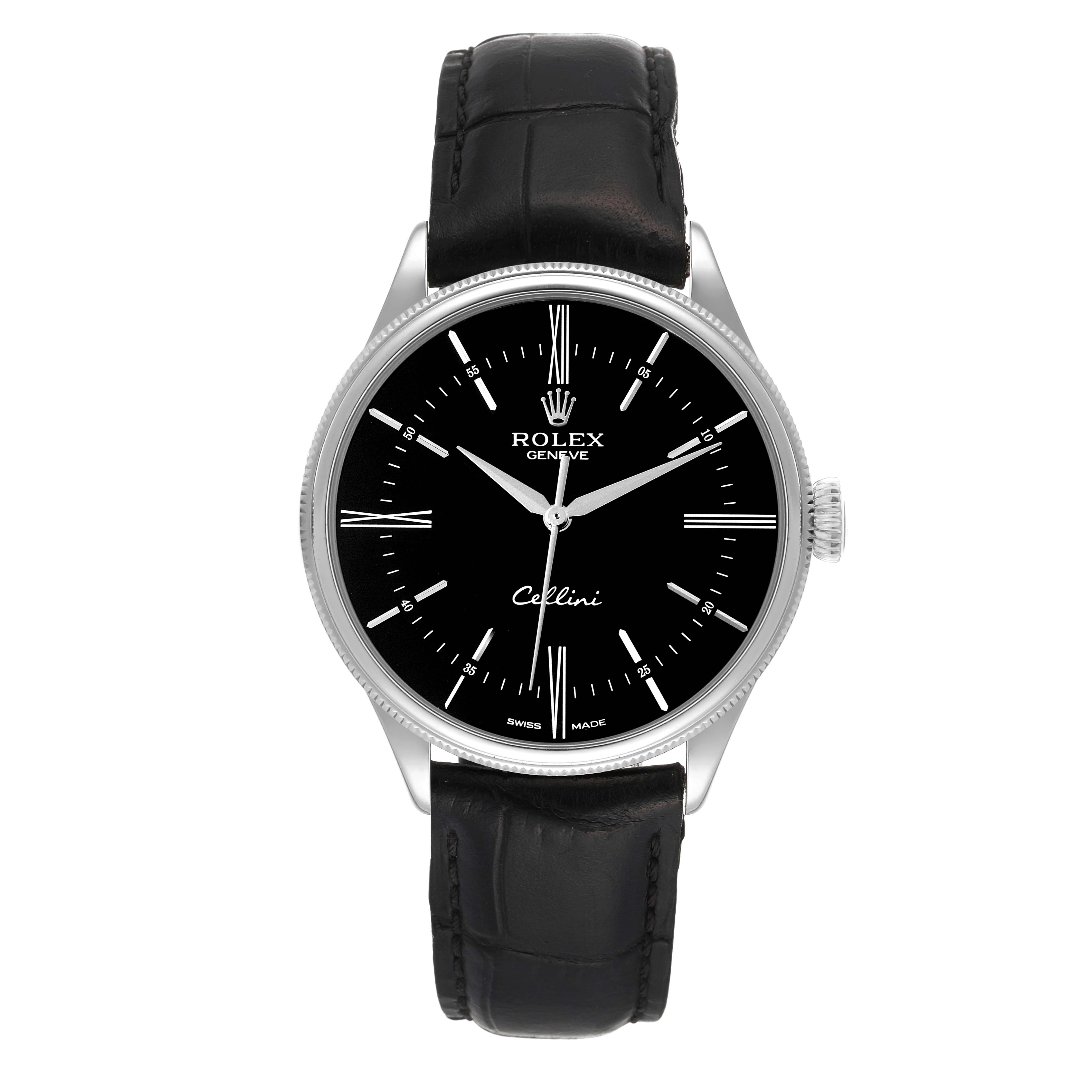 The image shows a front view of a Rolex Cellini 50509 Men's White Gold Black Dial 50509 Men's White Gold Black Dial model watch, highlighting its black dial and leather strap.