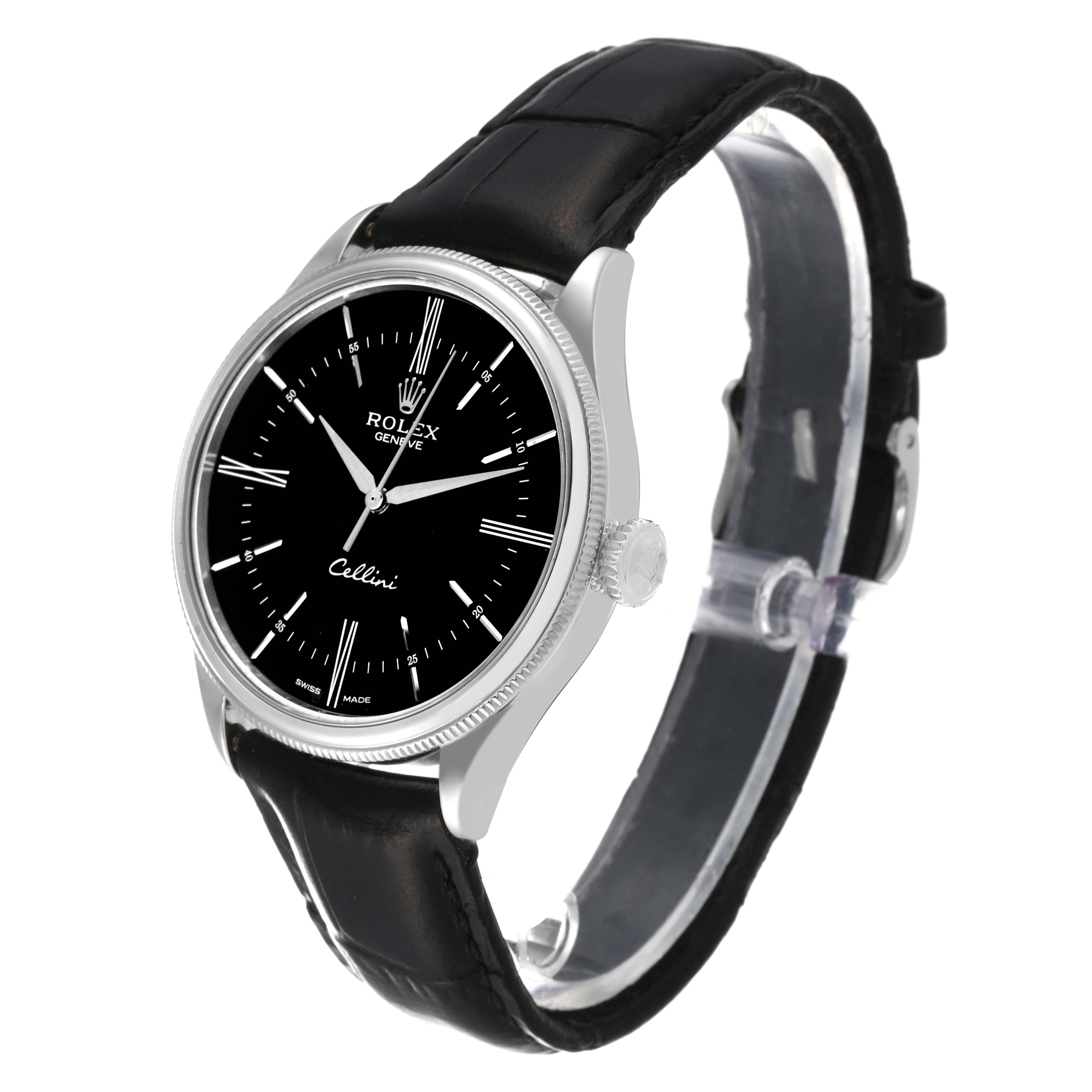 The image shows a Rolex Cellini 50509 Men's White Gold Black Dial 50509 Men's White Gold Black Dial watch at a slight top-right angle, highlighting the black dial, silver case, crown, and black leather strap.