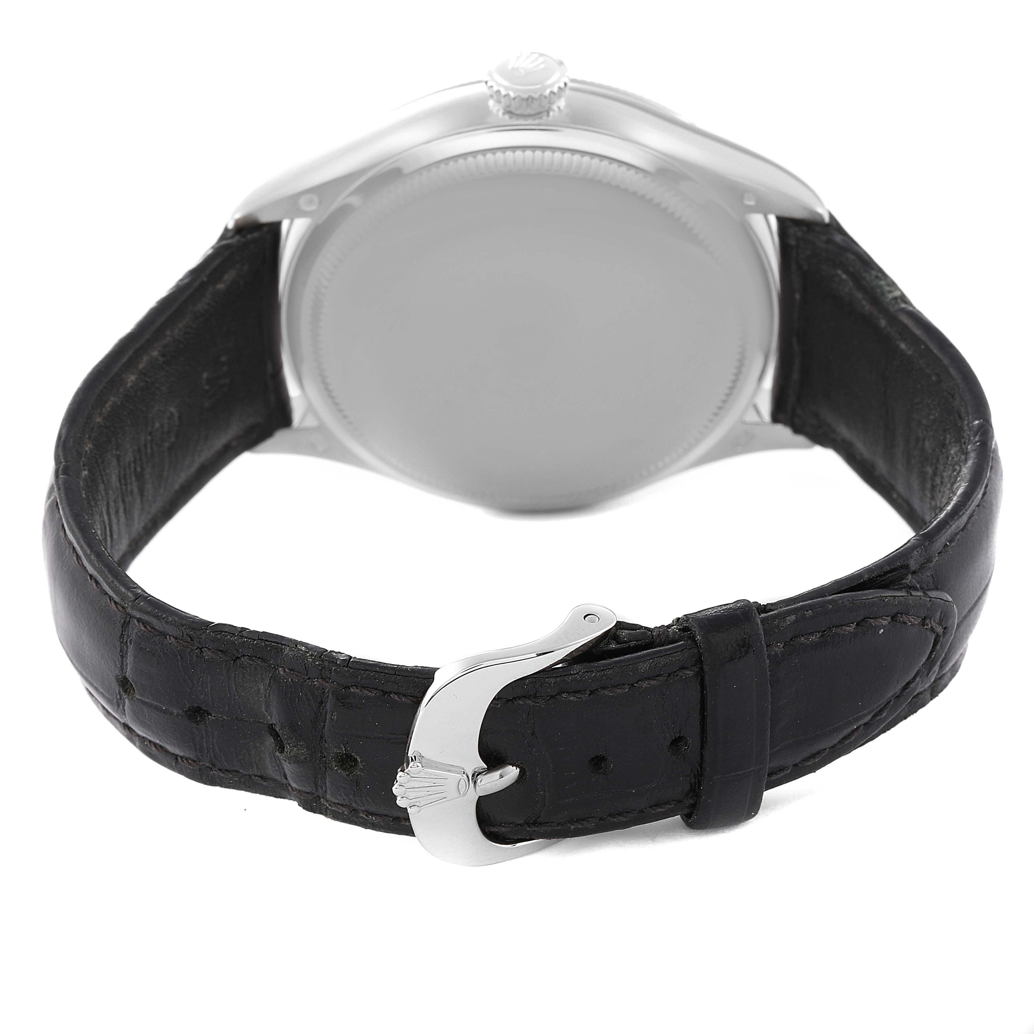 The image shows the back case and leather strap with buckle of a Rolex Cellini 50509 Men's White Gold Black Dial 50509 Men's White Gold Black Dial watch, viewed from the back.