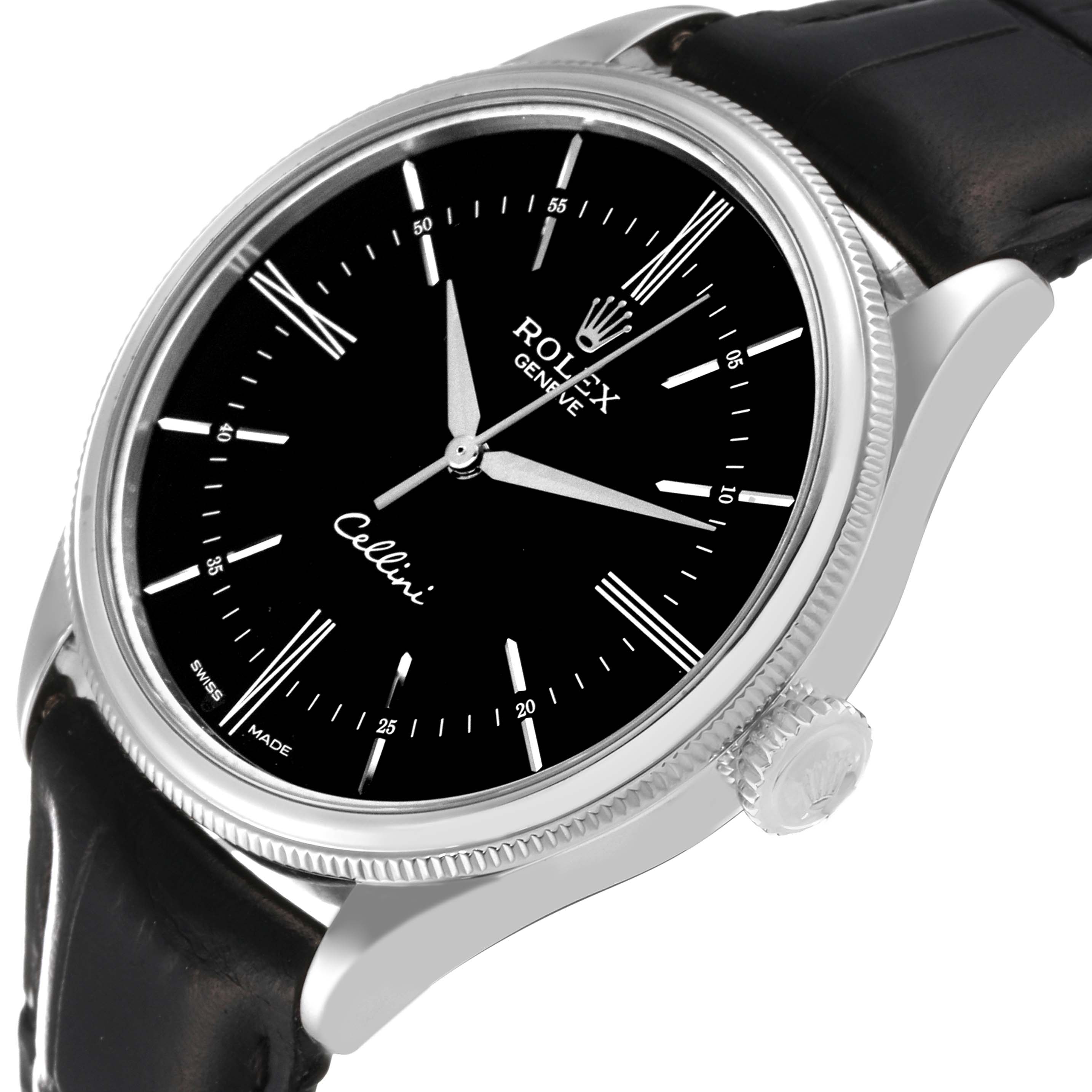 The Rolex Cellini 50509 Men's White Gold Black Dial 50509 Men's White Gold Black Dial watch is shown at a slight angle, highlighting its black dial, silver hands, and leather strap.
