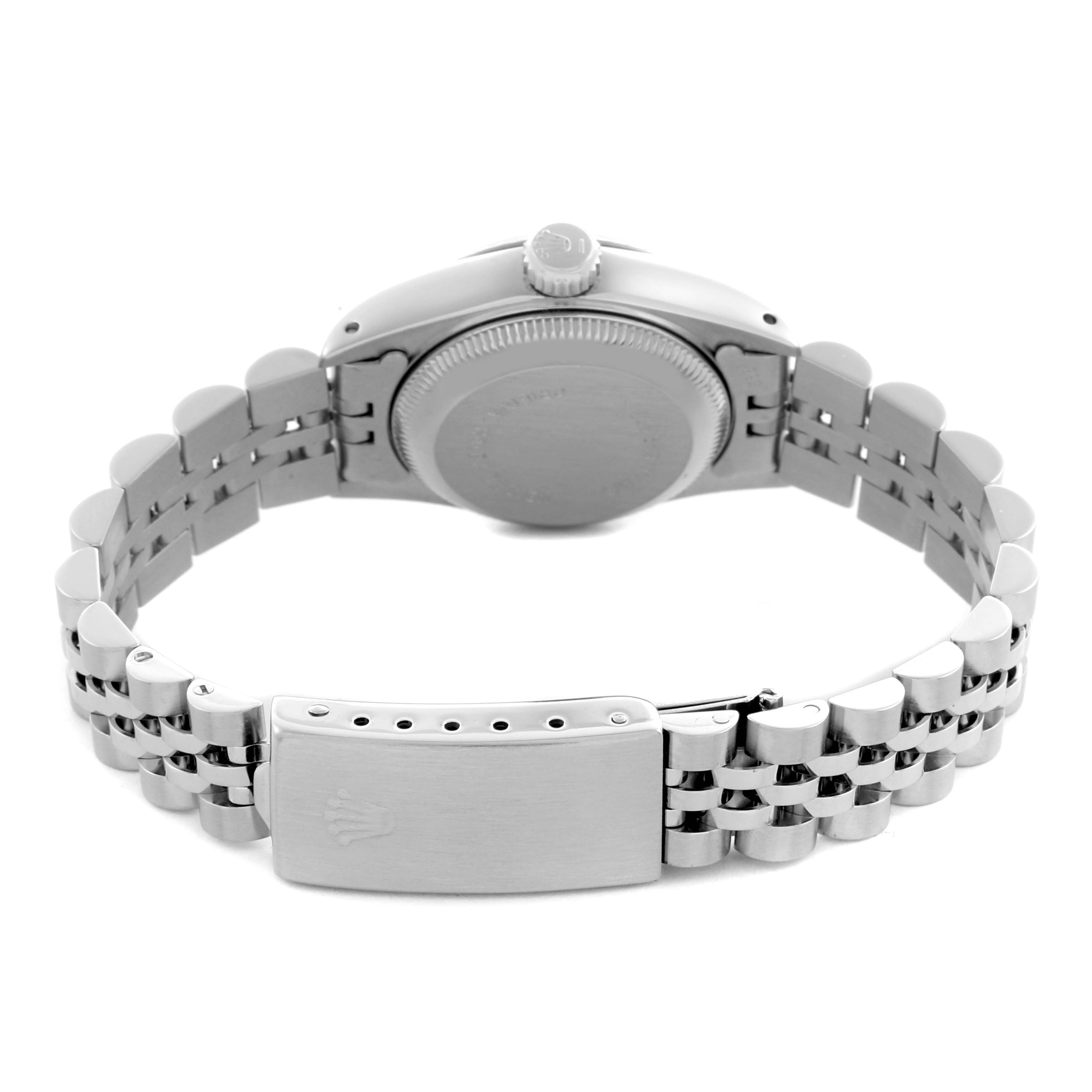 The image shows the back view of a Rolex Date 69174 Women's Stainless Steel Silver Dial 69174 Women's Stainless Steel Silver Dial model, highlighting the bracelet, clasp, and case back.