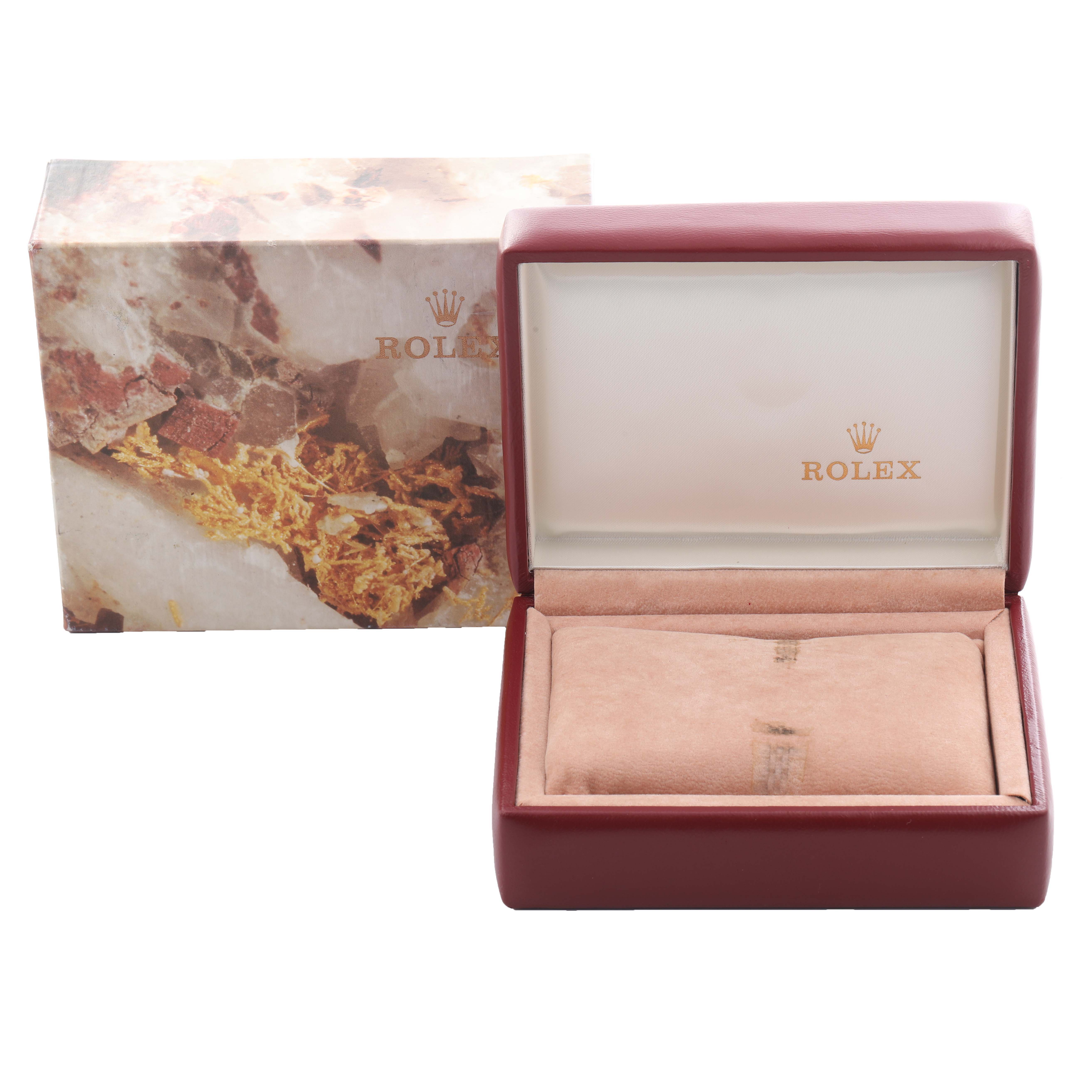 The image shows a Rolex Date 69174 Women's Stainless Steel Silver Dial 69174 Women's Stainless Steel Silver Dial watch box, open with a pillow, viewed from the front.