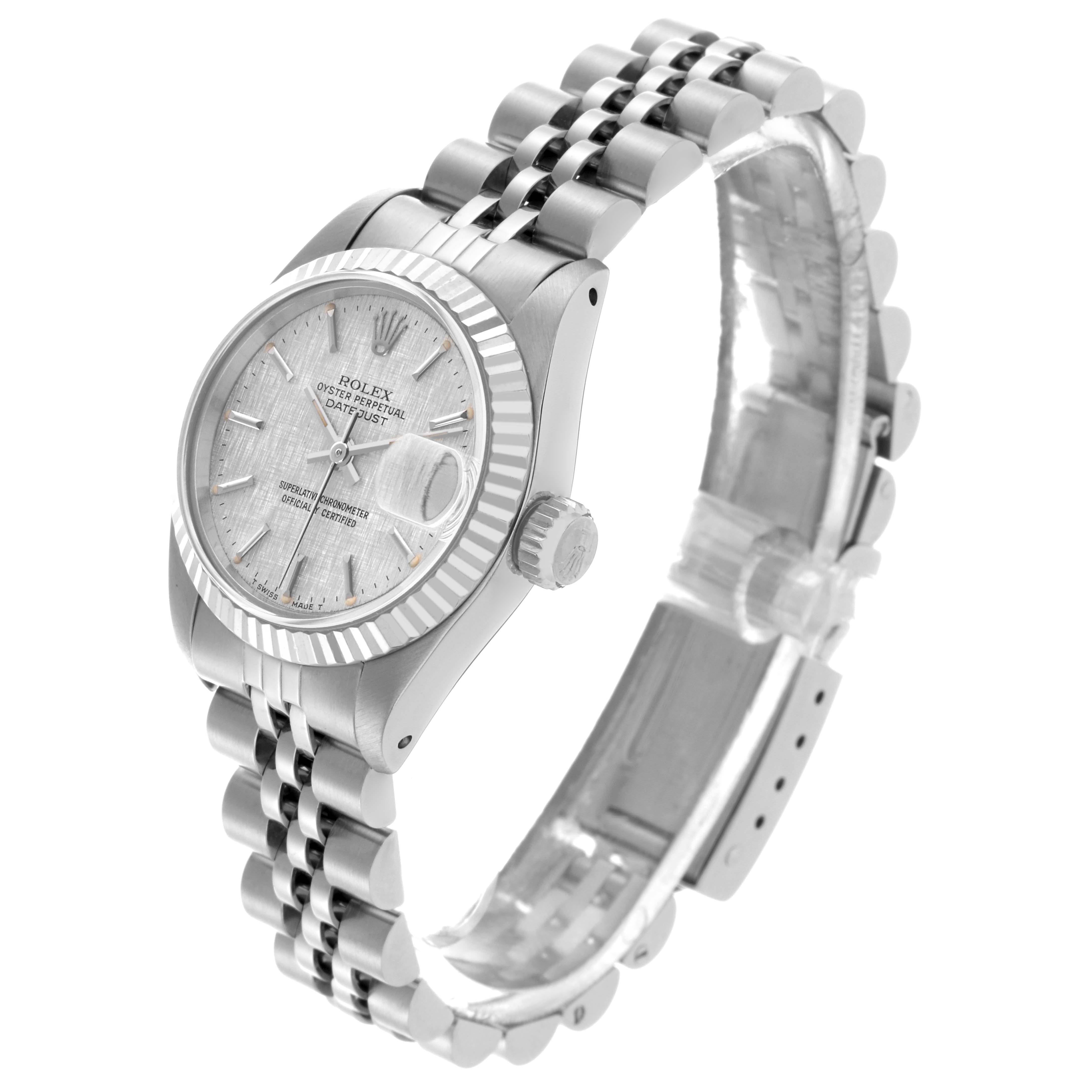 The Rolex Date 69174 Women's Stainless Steel Silver Dial 69174 Women's Stainless Steel Silver Dial model is shown at a three-quarter angle, displaying the face, bezel, crown, and bracelet.