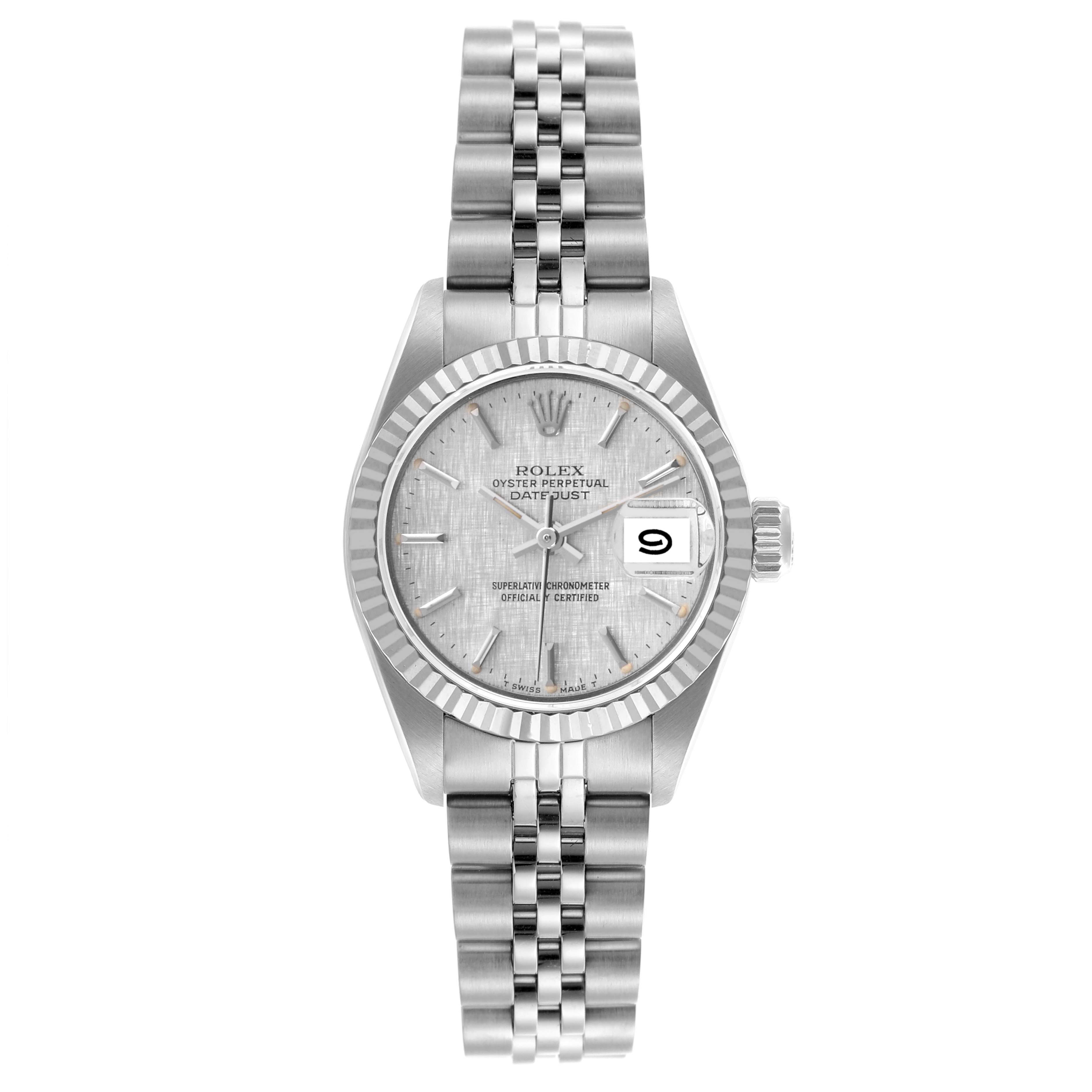 The Rolex Date 69174 Women's Stainless Steel Silver Dial 69174 Women's Stainless Steel Silver Dial model is shown from a top-down view, displaying the face, bezel, and bracelet.
