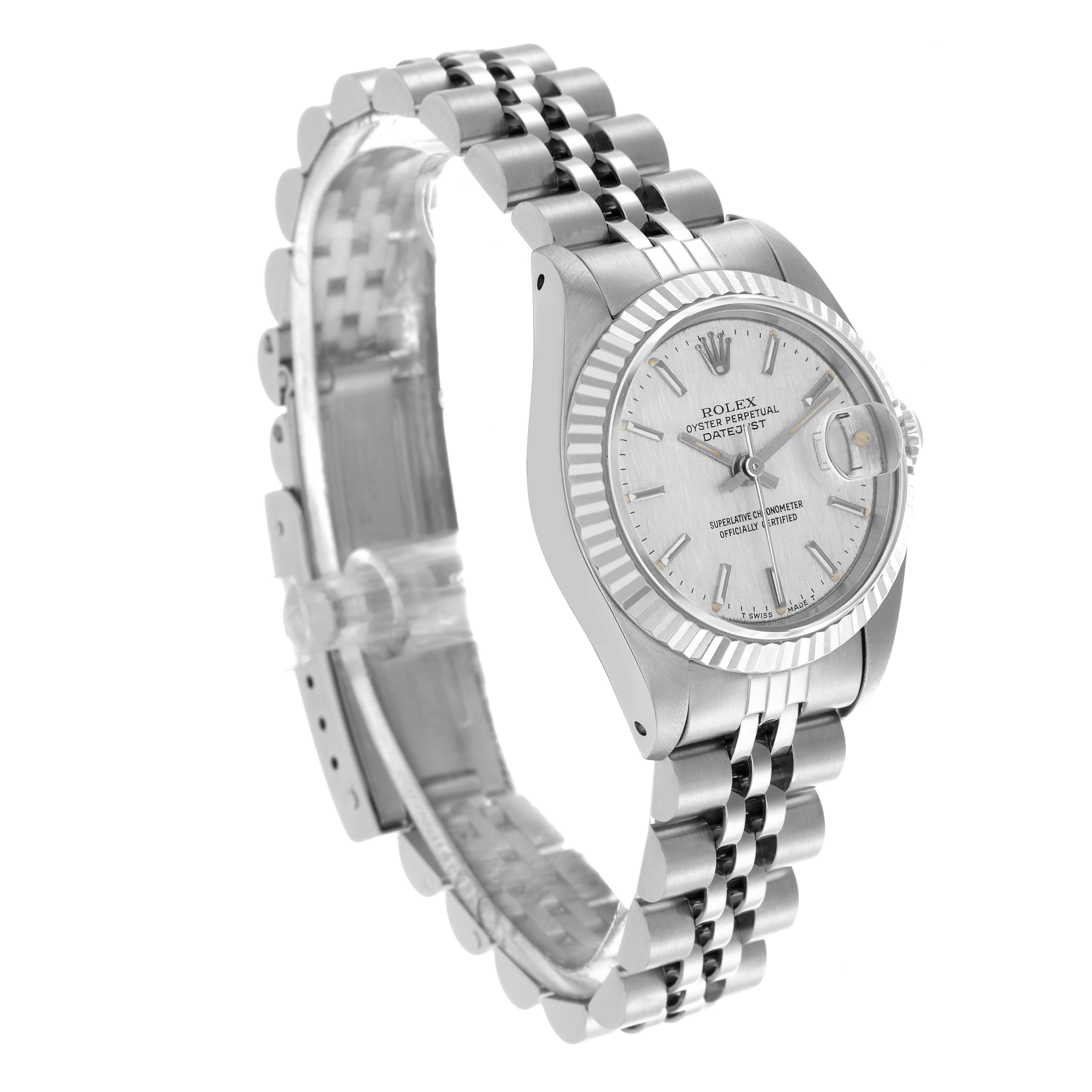 The Rolex Date 69174 Women's Stainless Steel Silver Dial 69174 Women's Stainless Steel Silver Dial model is shown from a three-quarter angle, highlighting the case, bezel, bracelet, and part of the dial.
