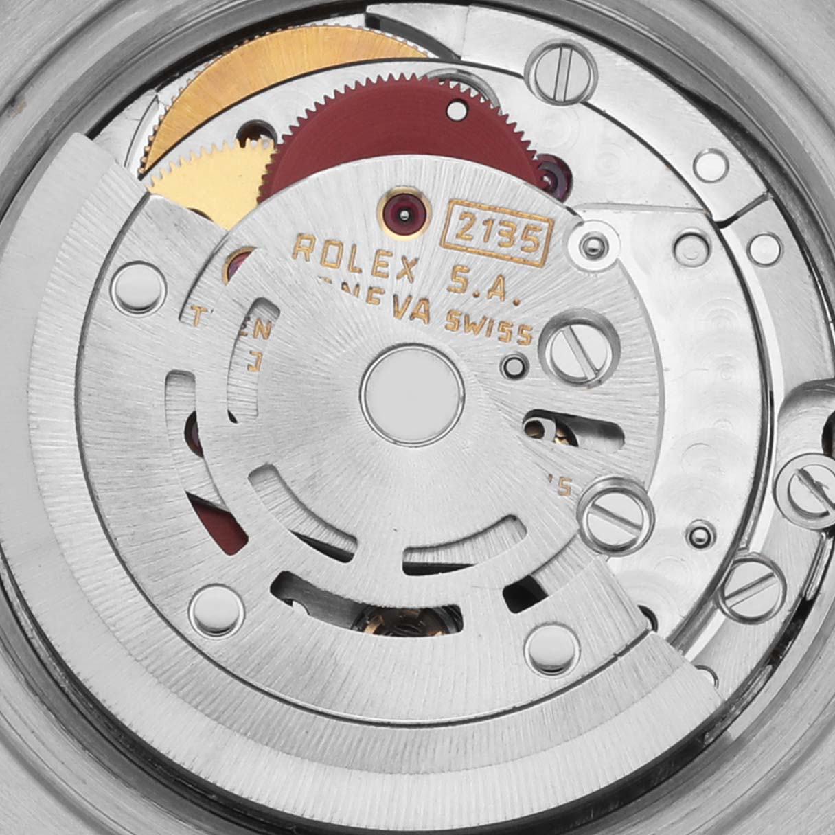 The image shows the movement and internal components of a Rolex Date 69174 Women's Stainless Steel Silver Dial 69174 Women's Stainless Steel Silver Dial watch from a top-down angle.