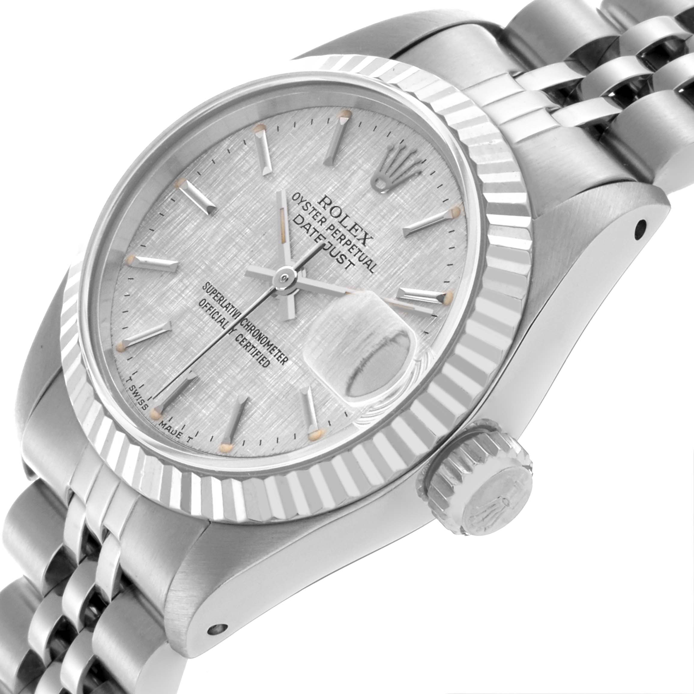 The Rolex Date 69174 Women's Stainless Steel Silver Dial 69174 Women's Stainless Steel Silver Dial model is shown at an angle displaying the dial, fluted bezel, and part of the bracelet.