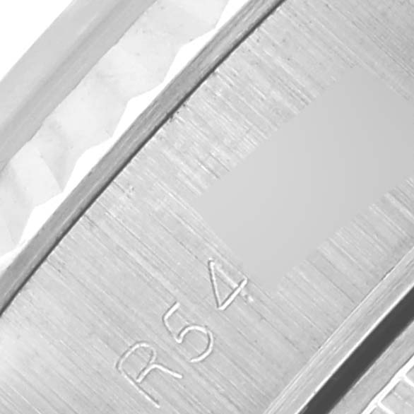 This image shows a close-up of the bracelet clasp of a Rolex Date 69174 Women's Stainless Steel Silver Dial 69174 Women's Stainless Steel Silver Dial watch, highlighting engraved markings.