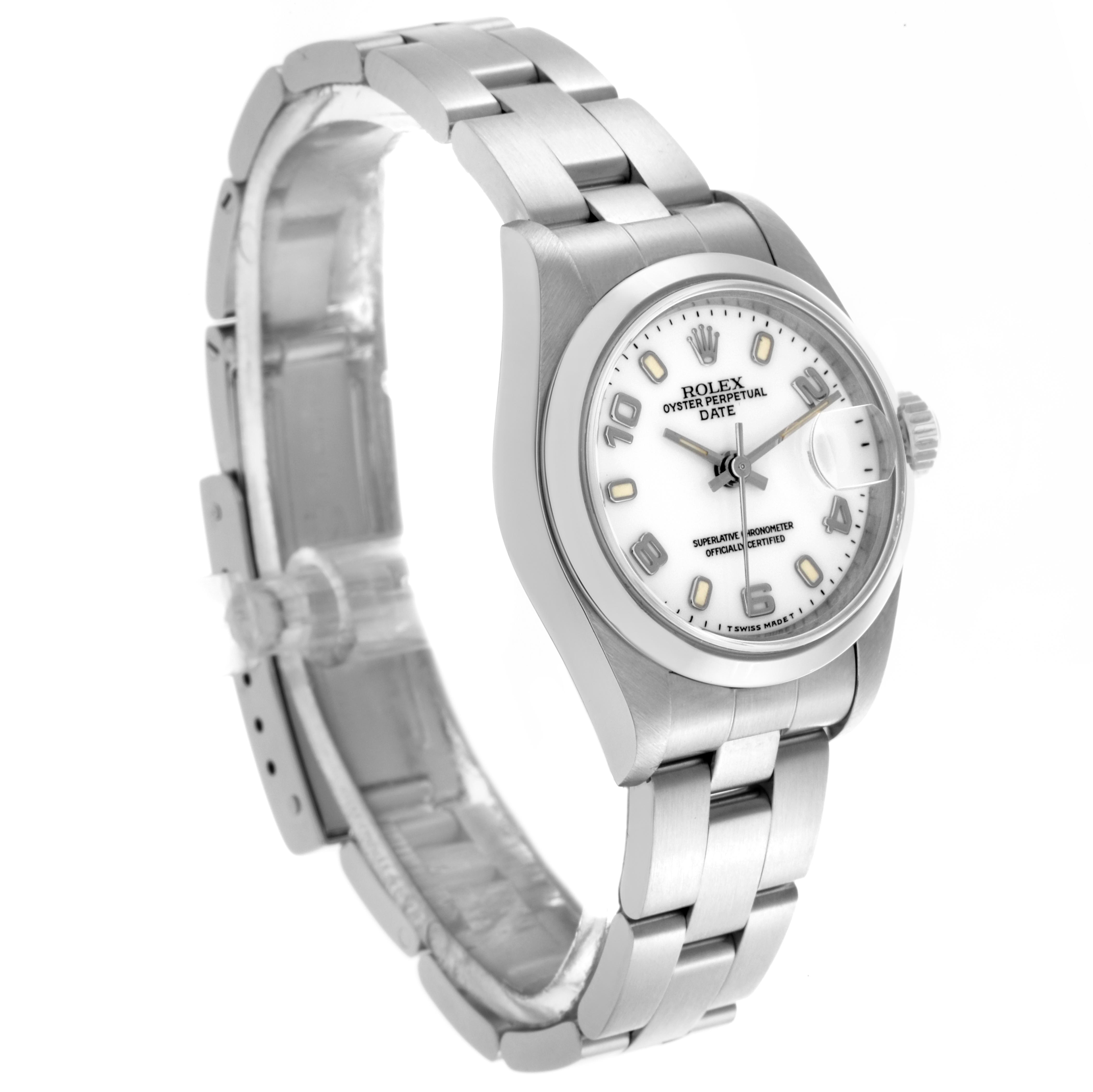 The Rolex Date 69160 Women's Stainless Steel White Dial 69160 Women's Stainless Steel White Dial model watch is shown at a three-quarter angle, displaying the face, bracelet, and casing.