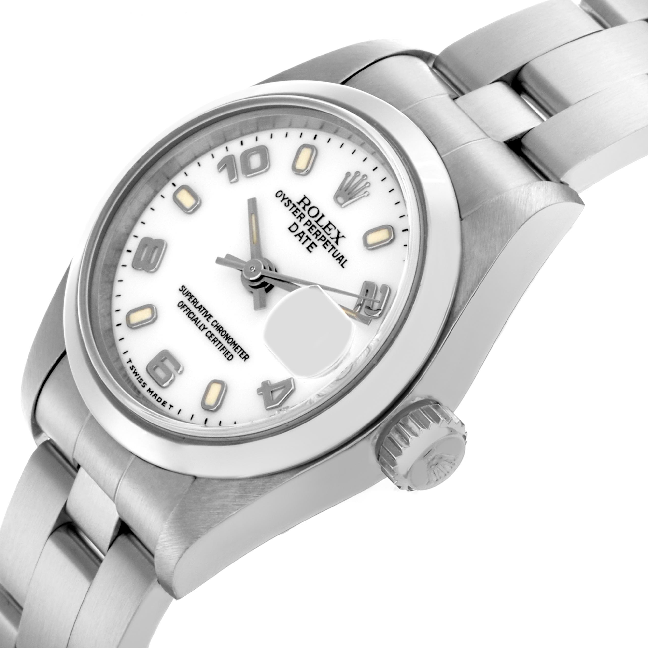 The Rolex Date 69160 Women's Stainless Steel White Dial 69160 Women's Stainless Steel White Dial watch is shown at an angled top view, highlighting the dial, bezel, crown, and part of the bracelet.
