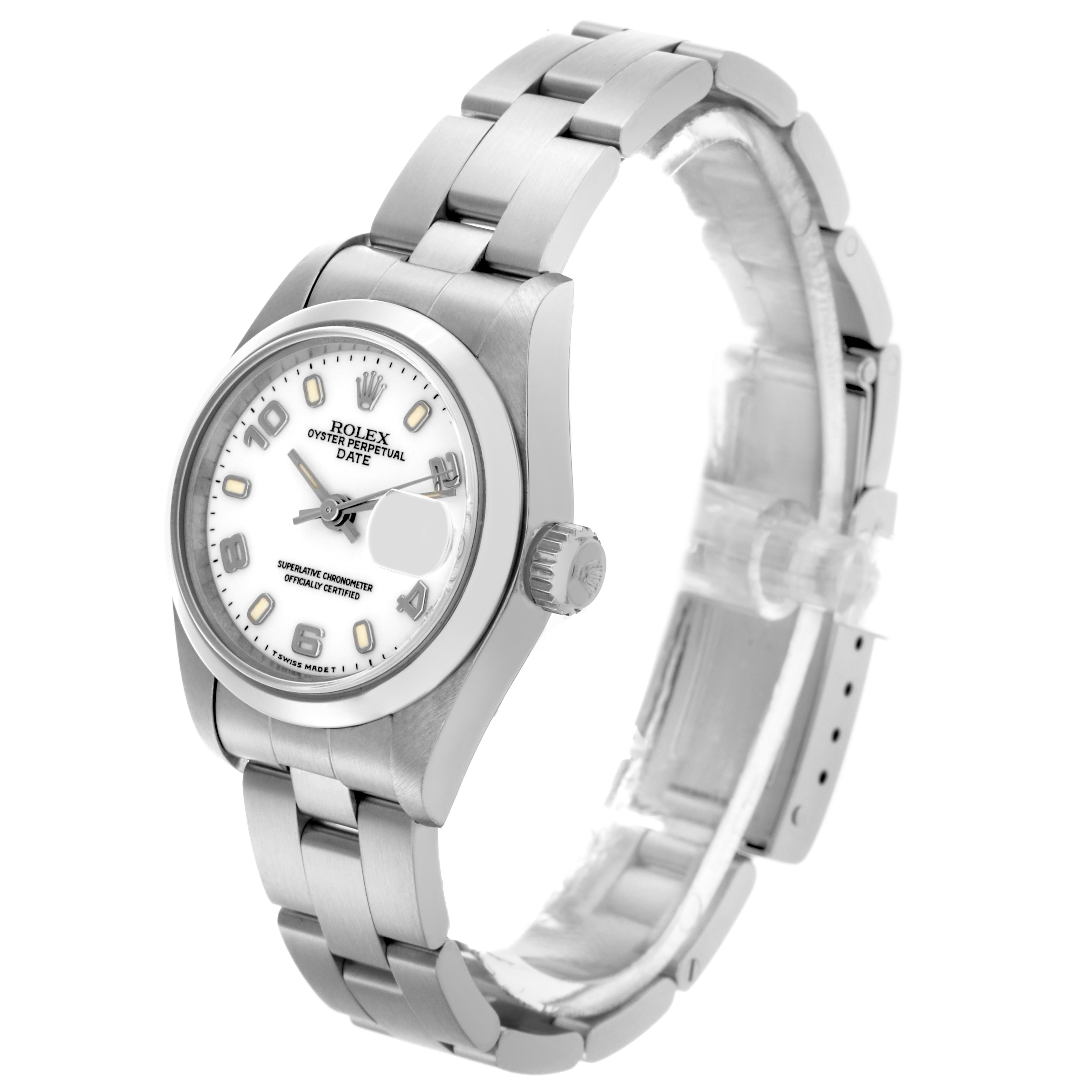 The image shows a side view of the Rolex Date 69160 Women's Stainless Steel White Dial 69160 Women's Stainless Steel White Dial model, displaying the face, bracelet, and crown.
