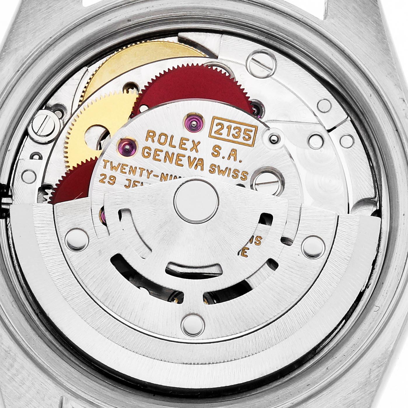 The image shows the internal movement of a Rolex Date 69160 Women's Stainless Steel White Dial 69160 Women's Stainless Steel White Dial model, highlighting gears and the rotor from the back view.