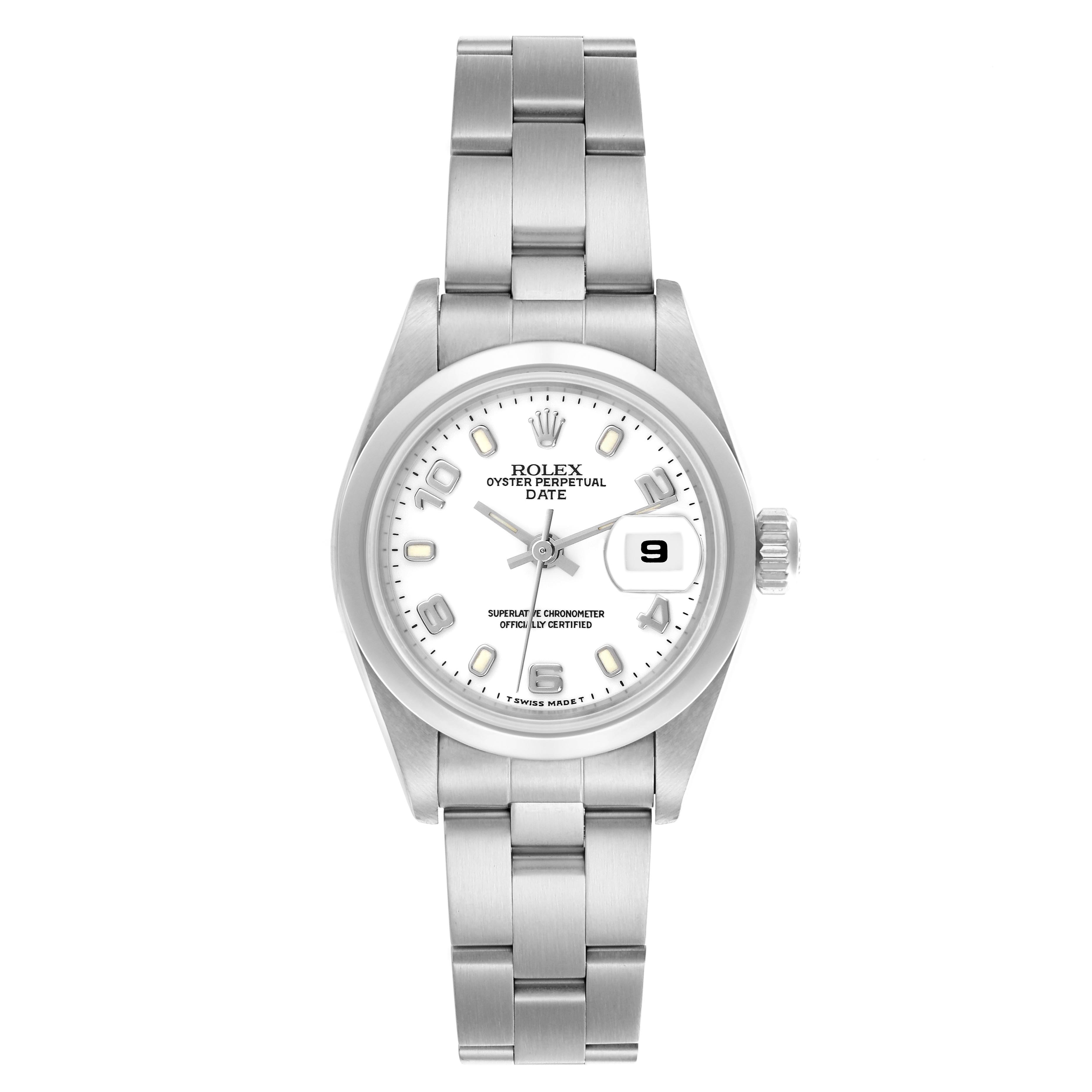 The Rolex Date 69160 Women's Stainless Steel White Dial 69160 Women's Stainless Steel White Dial watch is shown from a top view, highlighting the dial, bracelet, case, and date window.