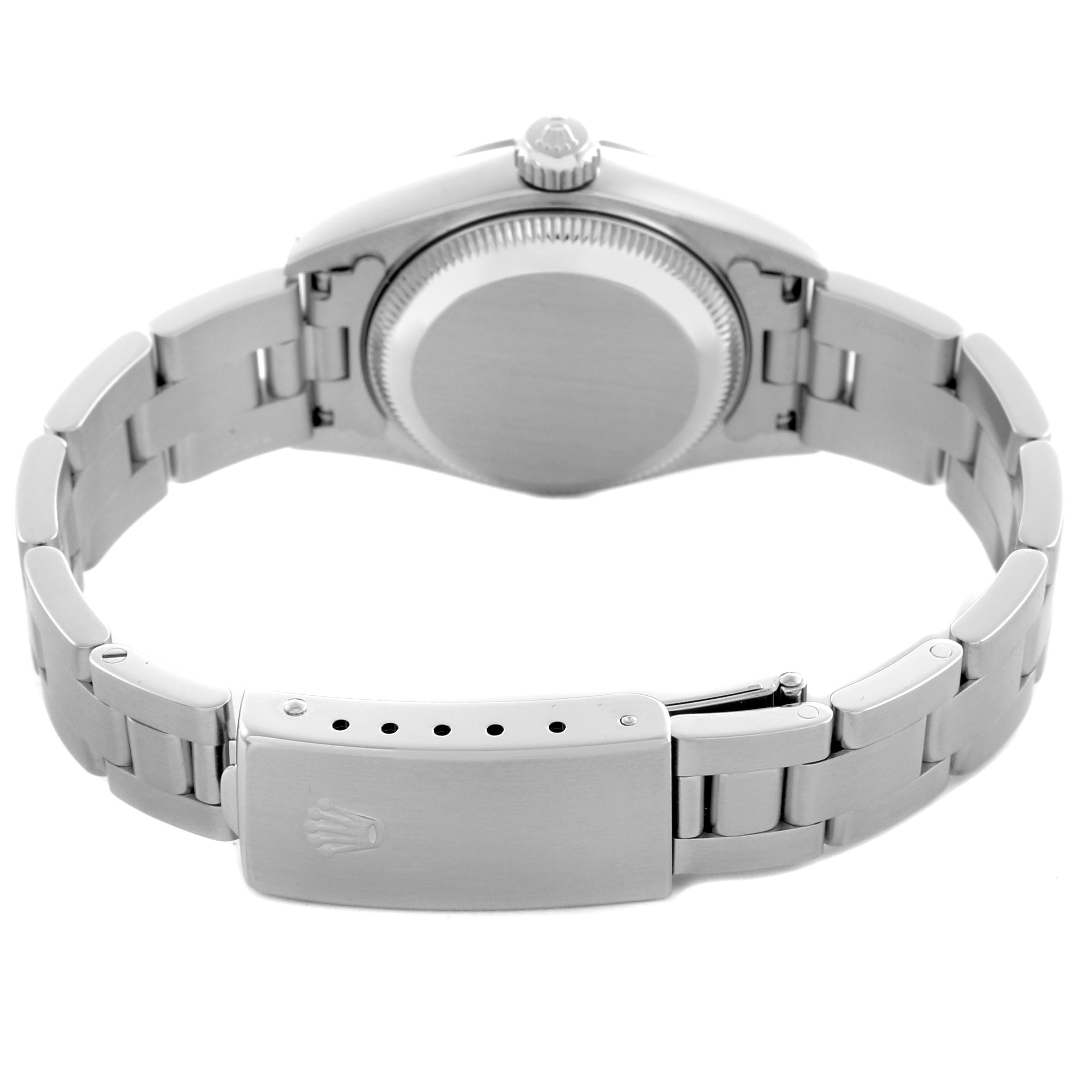 The Rolex Date 69160 Women's Stainless Steel White Dial 69160 Women's Stainless Steel White Dial model is shown from the back, displaying the case back, bracelet, and clasp.