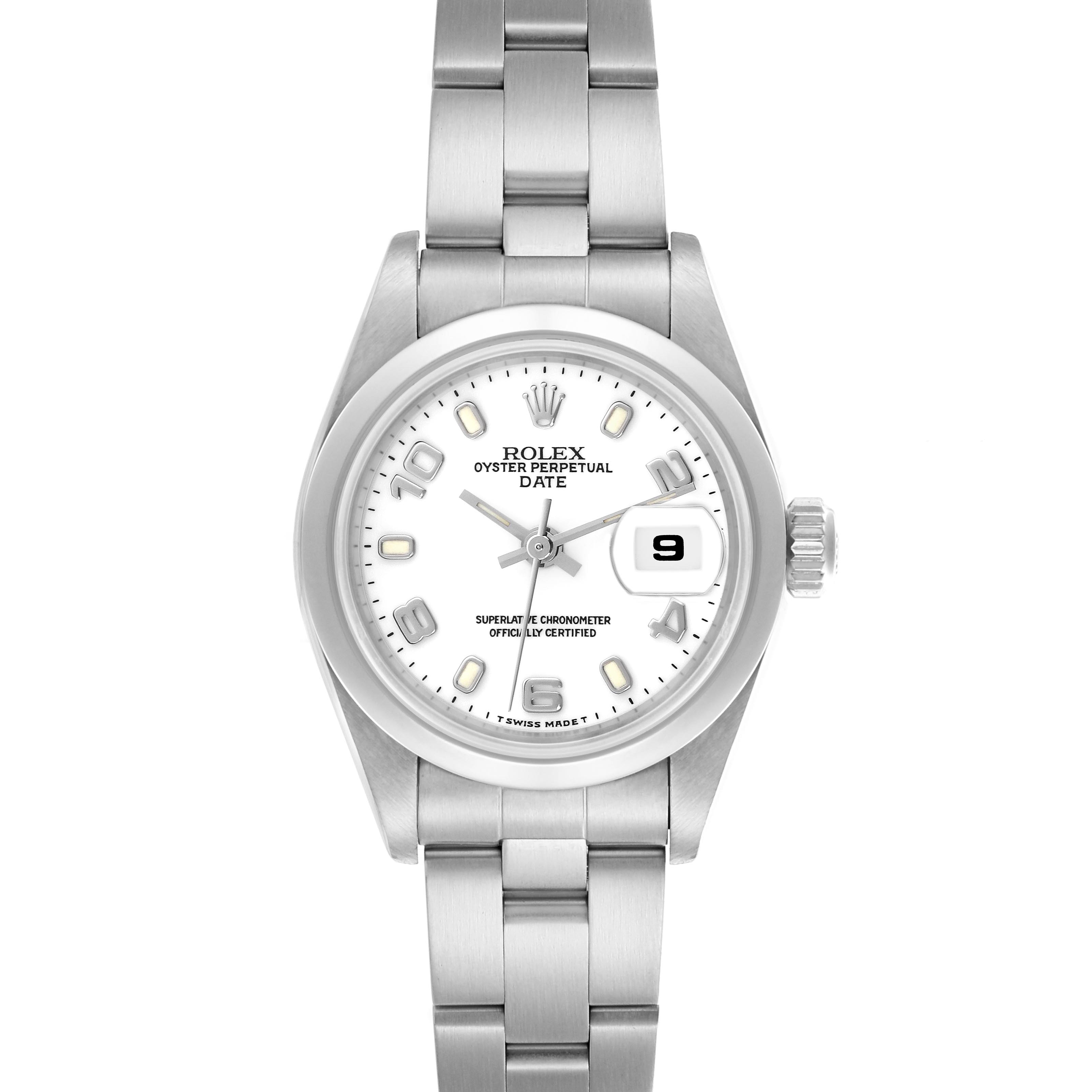 This Rolex Date 69160 Women's Stainless Steel White Dial 69160 Women's Stainless Steel White Dial model is shown from a top-down angle, highlighting the dial, bezel, and bracelet.