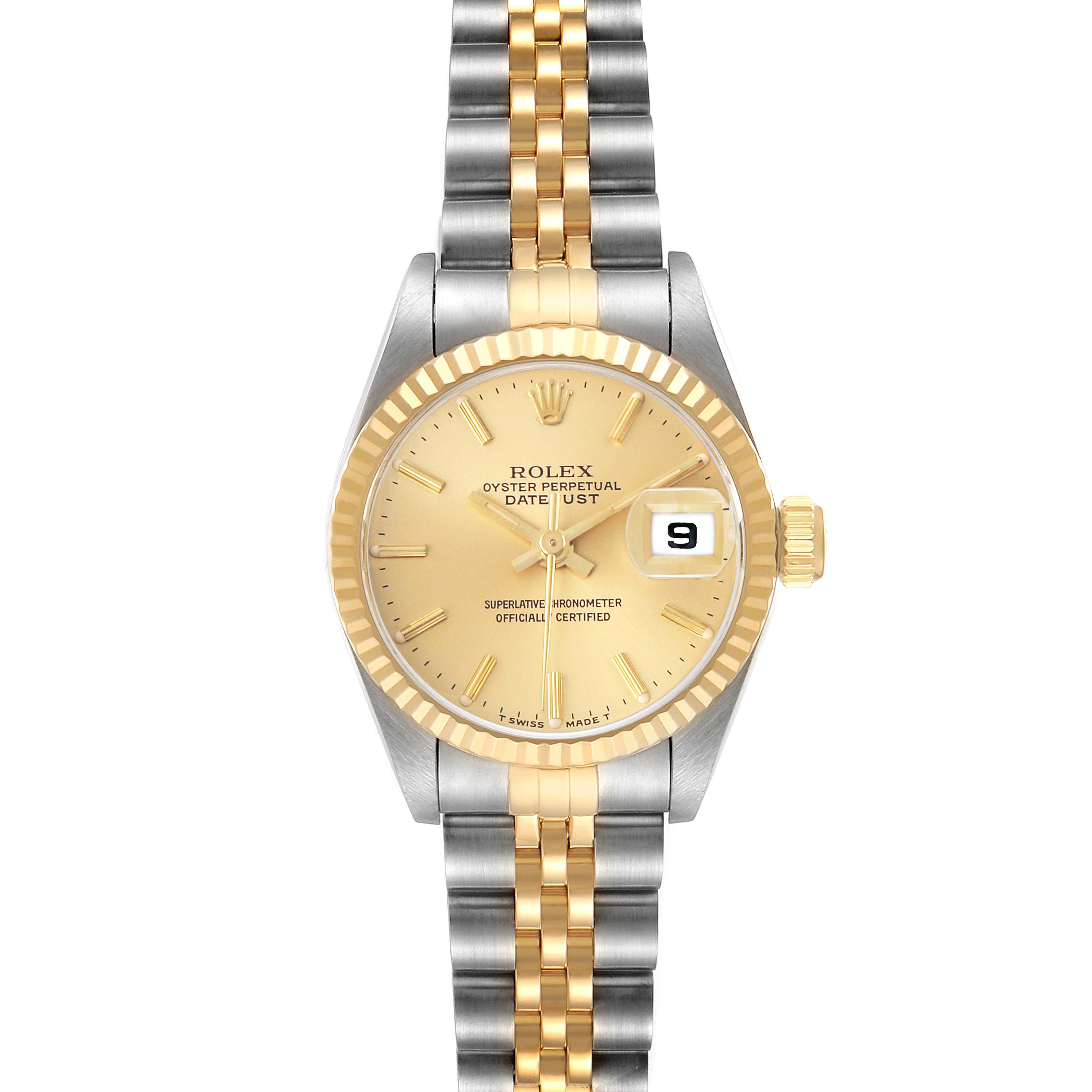 The Rolex Datejust 69173 Women's Steel and Gold (two tone) Champagne Dial watch is shown from a front angle, displaying its gold dial, fluted bezel, and two-tone bracelet.