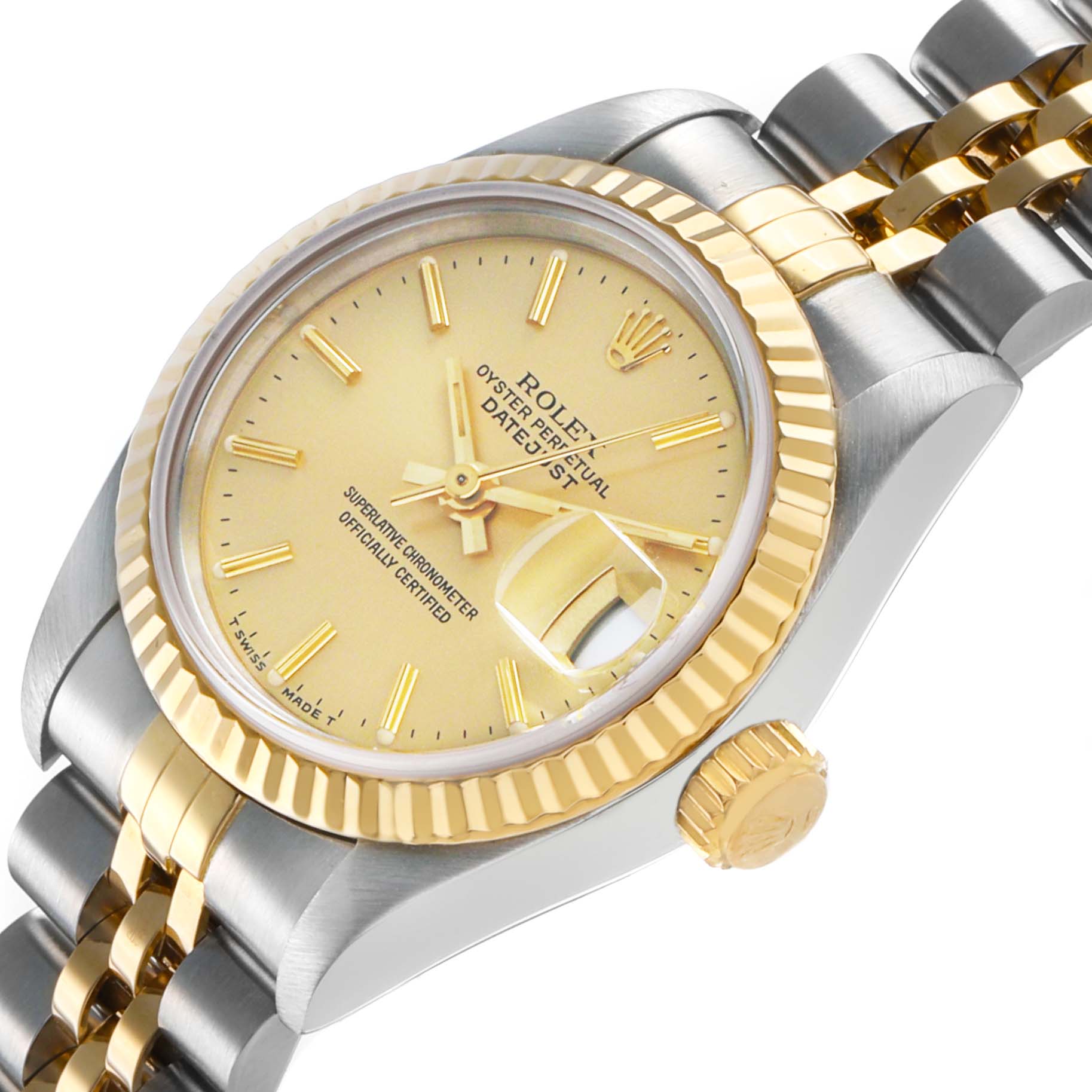 The Rolex Datejust 69173 Women's Steel and Gold (two tone) Champagne Dial watch is shown at an oblique angle, highlighting the gold bezel, bracelet, and watch face with the date magnifier.