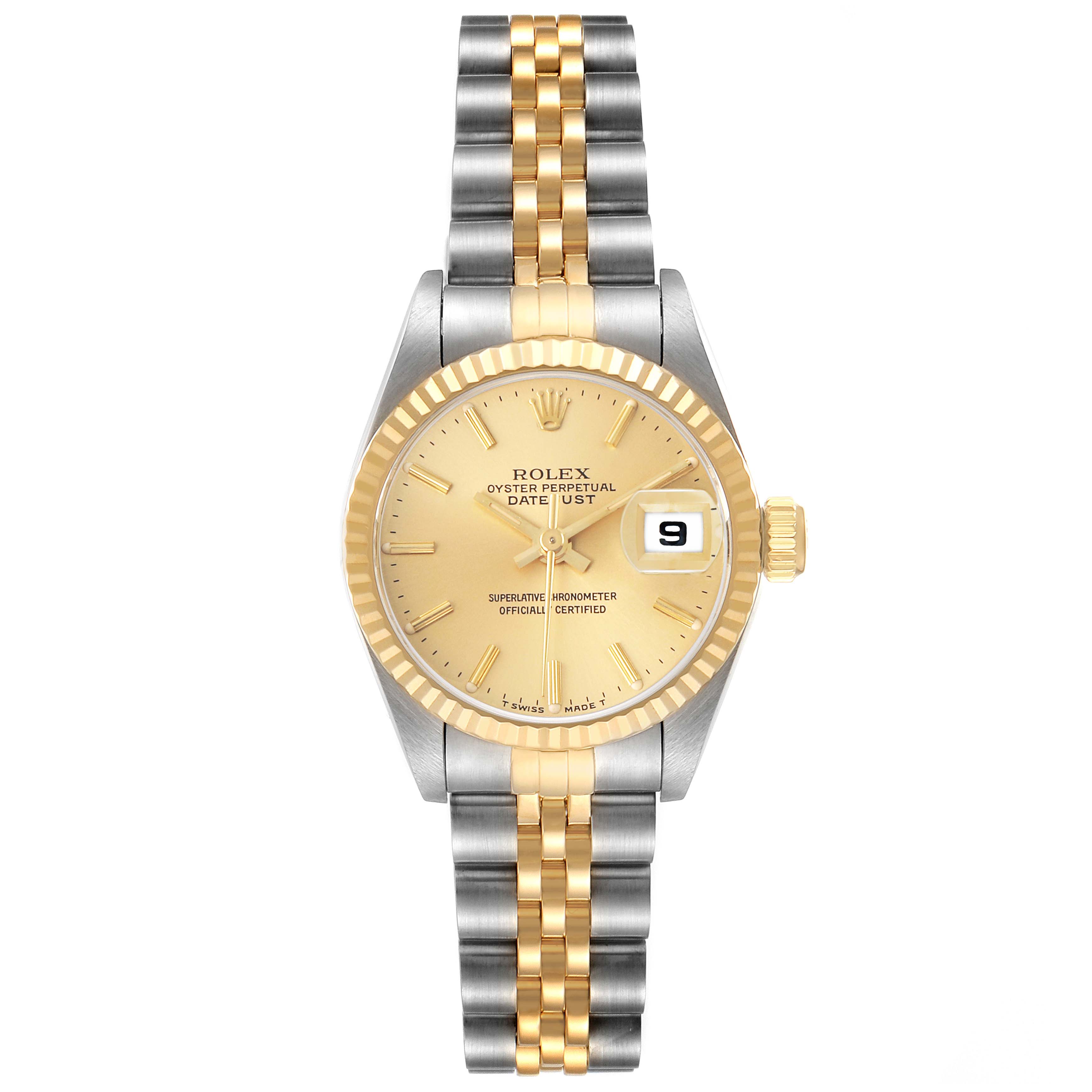 The Rolex Datejust 69173 Women's Steel and Gold (two tone) Champagne Dial watch is shown from a top-down angle, displaying the dial, bezel, and two-tone bracelet.