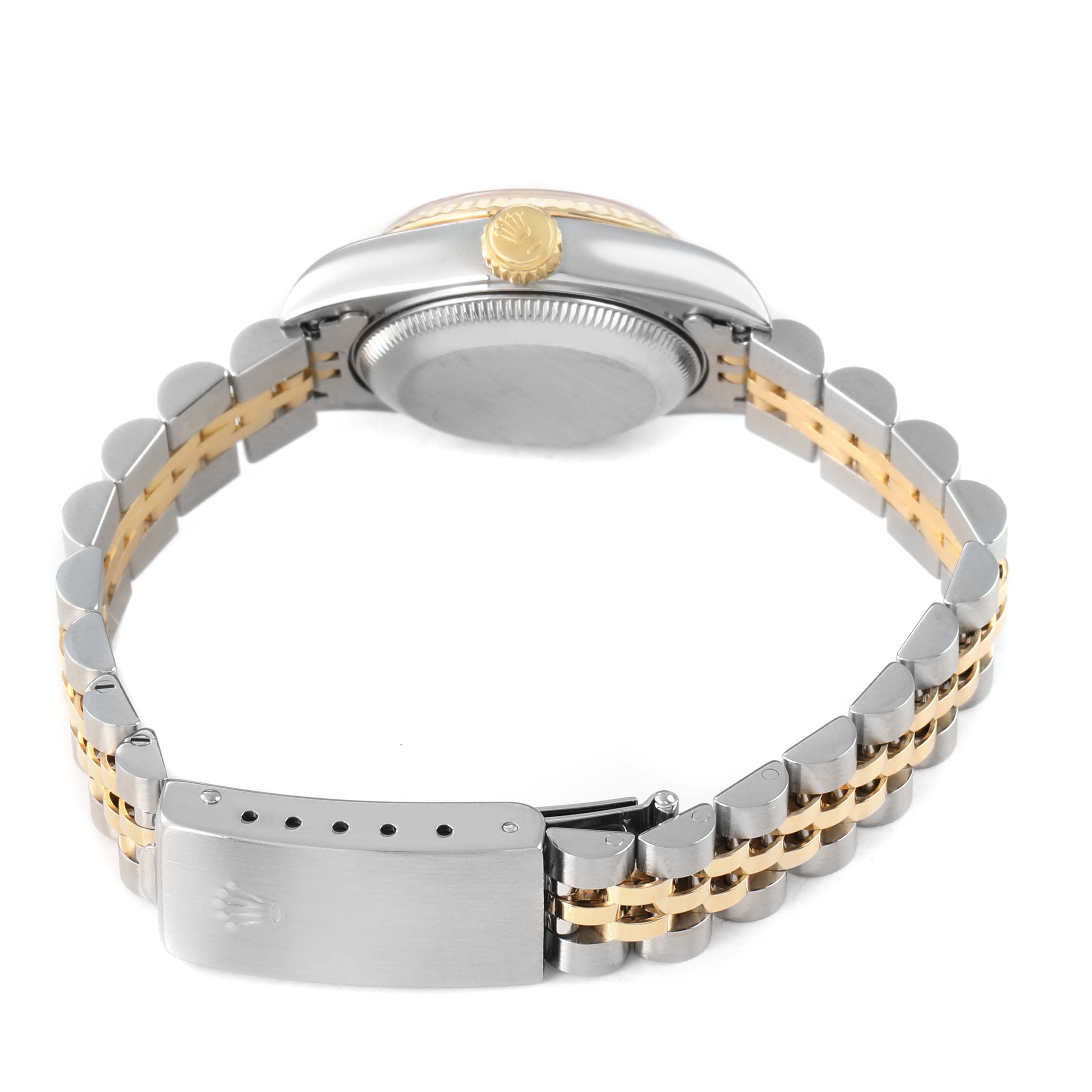 The image shows the side view of a Rolex Datejust 69173 Women's Steel and Gold (two tone) Champagne Dial, highlighting its two-tone bracelet, clasp, and crown.