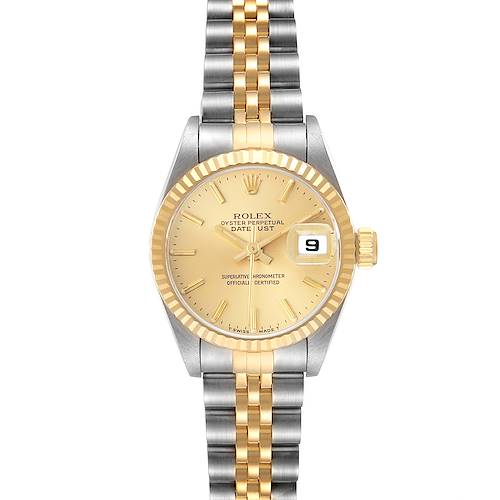 The image shows a frontal view of a Rolex Datejust 69173 Women's Steel and Gold (two tone) Champagne Dial watch, featuring its dial, bezel, bracelet, and crown.