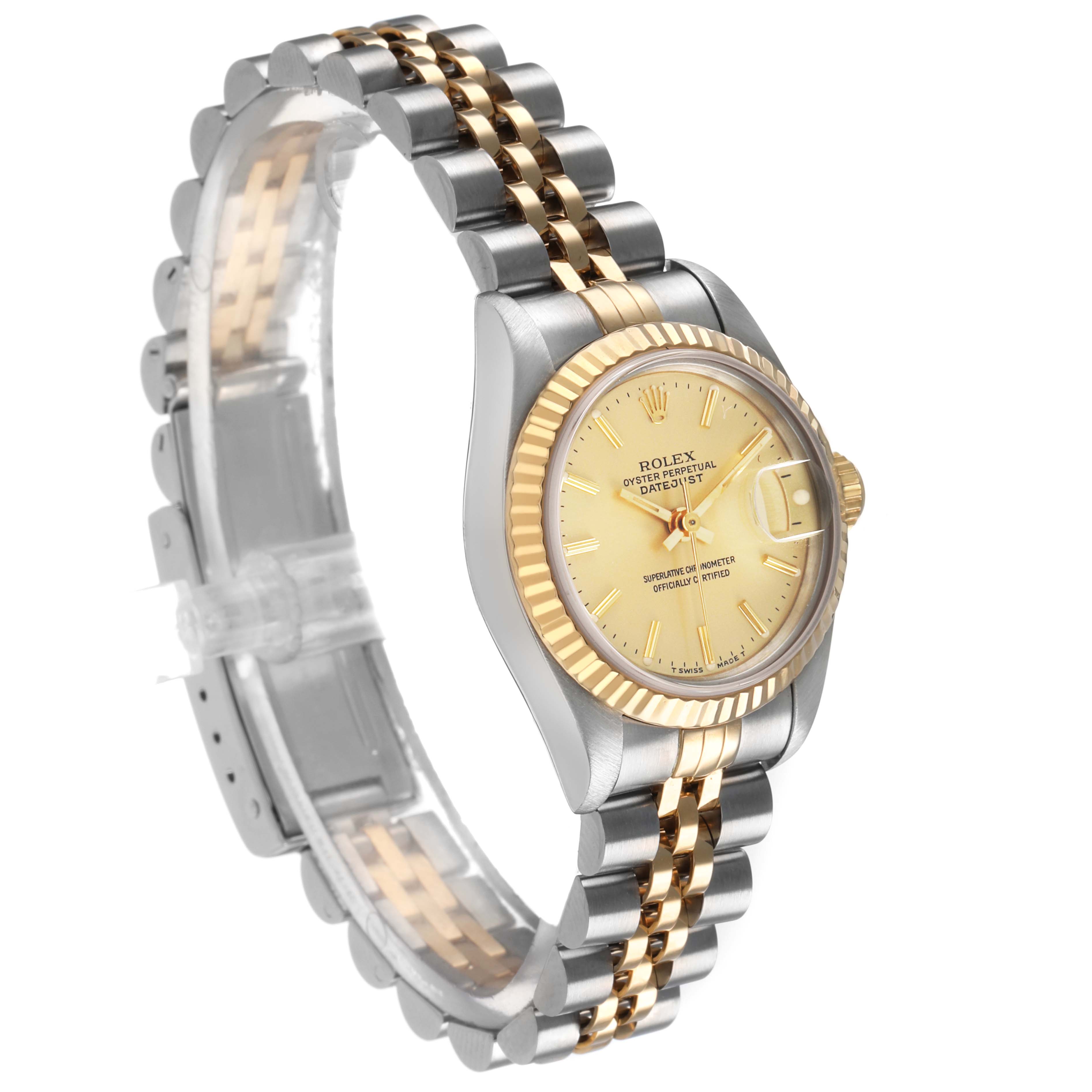 The Rolex Datejust 69173 Women's Steel and Gold (two tone) Champagne Dial watch is angled to showcase the gold-tone bezel, dial, and two-tone bracelet.