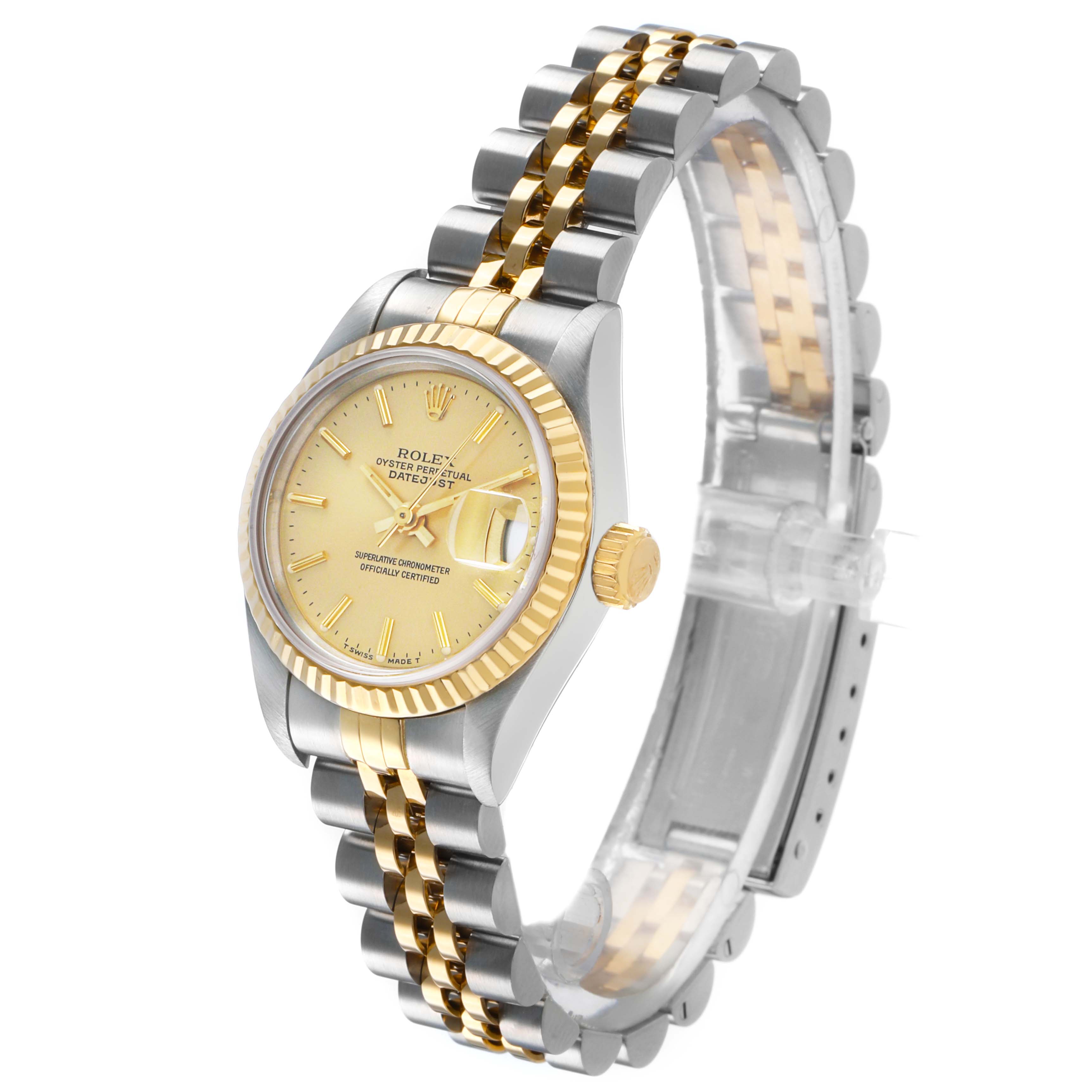The Rolex Datejust 69173 Women's Steel and Gold (two tone) Champagne Dial watch is shown at a slight angle highlighting the gold dial, bezel, crown, and two-tone bracelet.