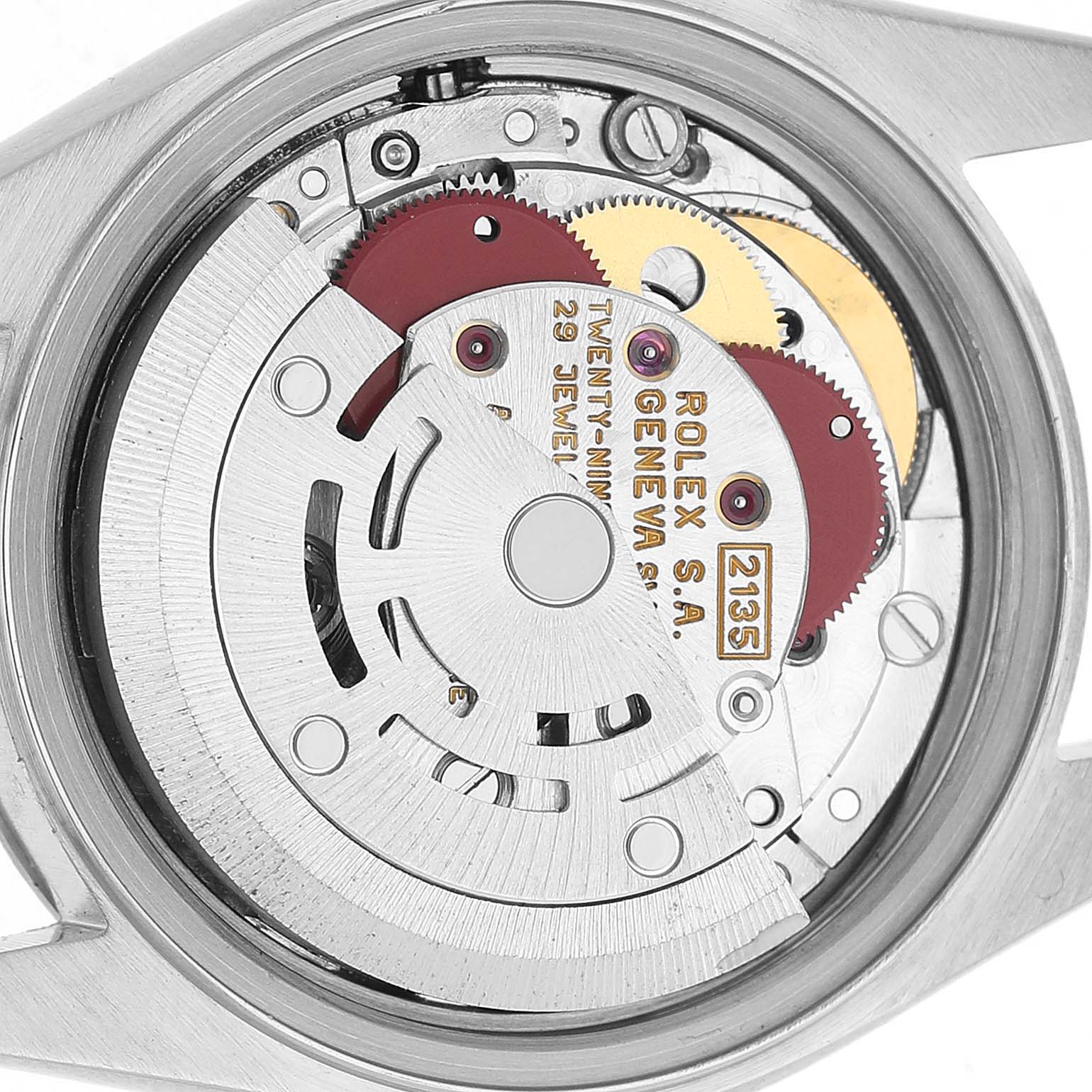 The image shows the movement mechanism of a Rolex Datejust 69173 Men's Steel and Gold (two tone) Champagne Dial watch from the back.
