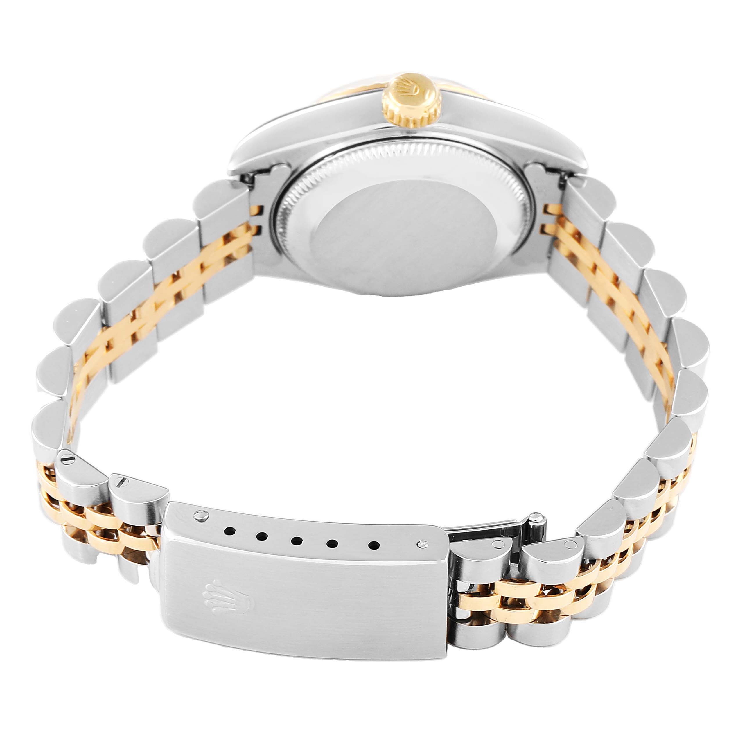The image shows the rear view of a Rolex Datejust 69173 Men's Steel and Gold (two tone) Champagne Dial watch, highlighting the case back, crown, and Jubilee bracelet with a clasp.
