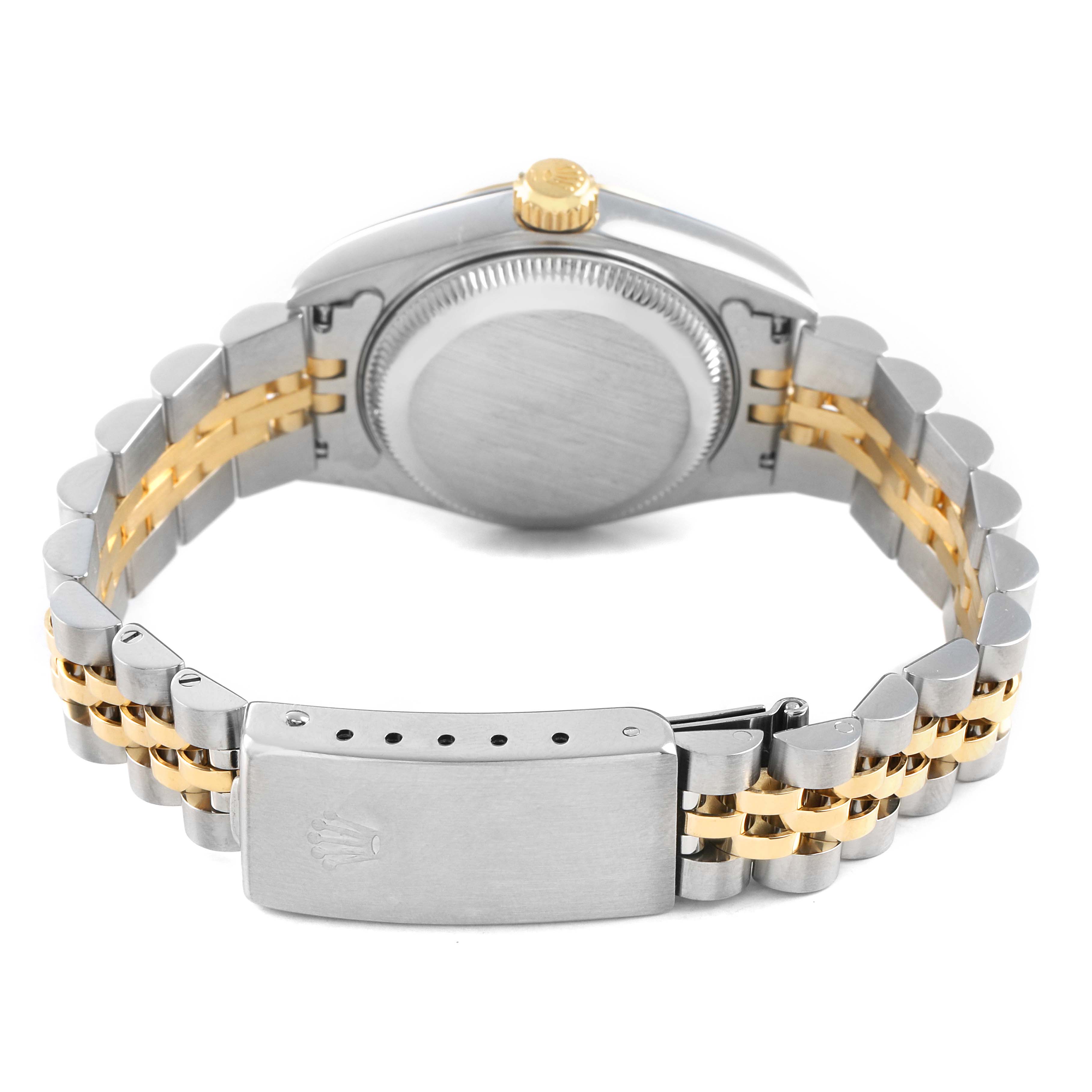 The image shows the back of a Rolex Datejust 79173 Women's Steel and Gold (two tone) Champagne Dial, featuring the case back, crown, and two-tone jubilee bracelet with the clasp visible.