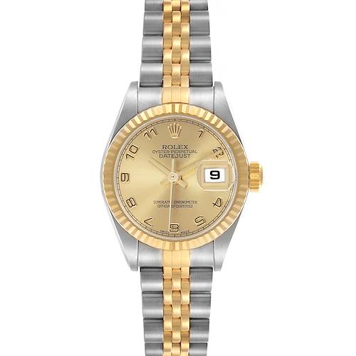 The Rolex Datejust 79173 Women's Steel and Gold (two tone) Champagne Dial watch is shown from the front, highlighting the dial, bezel, and two-tone bracelet.