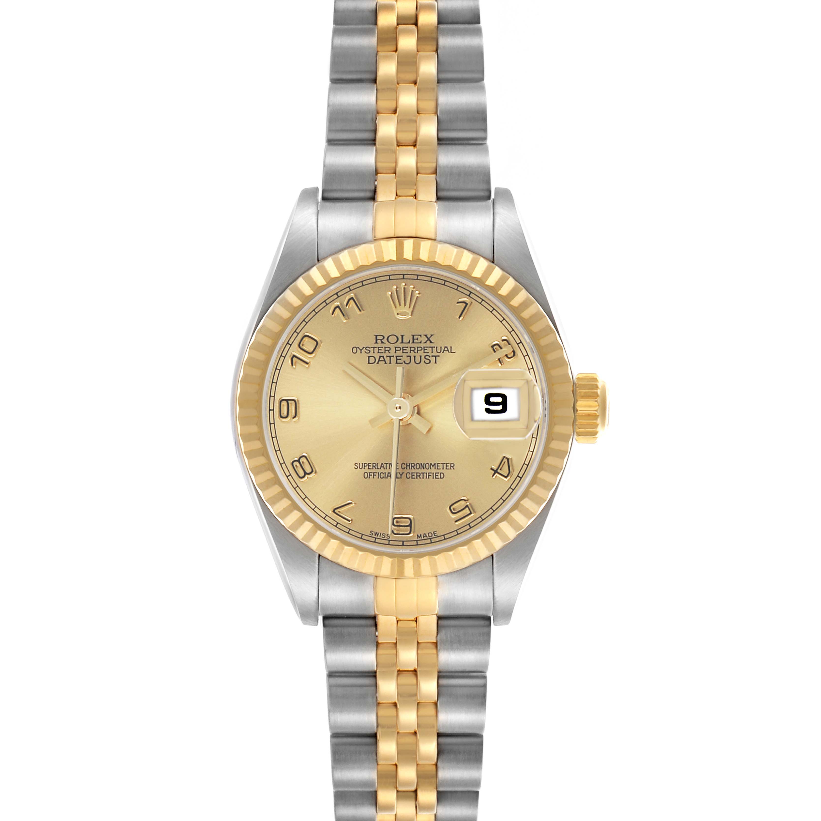 The Rolex Datejust 79173 Women's Steel and Gold (two tone) Champagne Dial watch is shown from a top view, highlighting its champagne dial, fluted bezel, and two-tone bracelet.