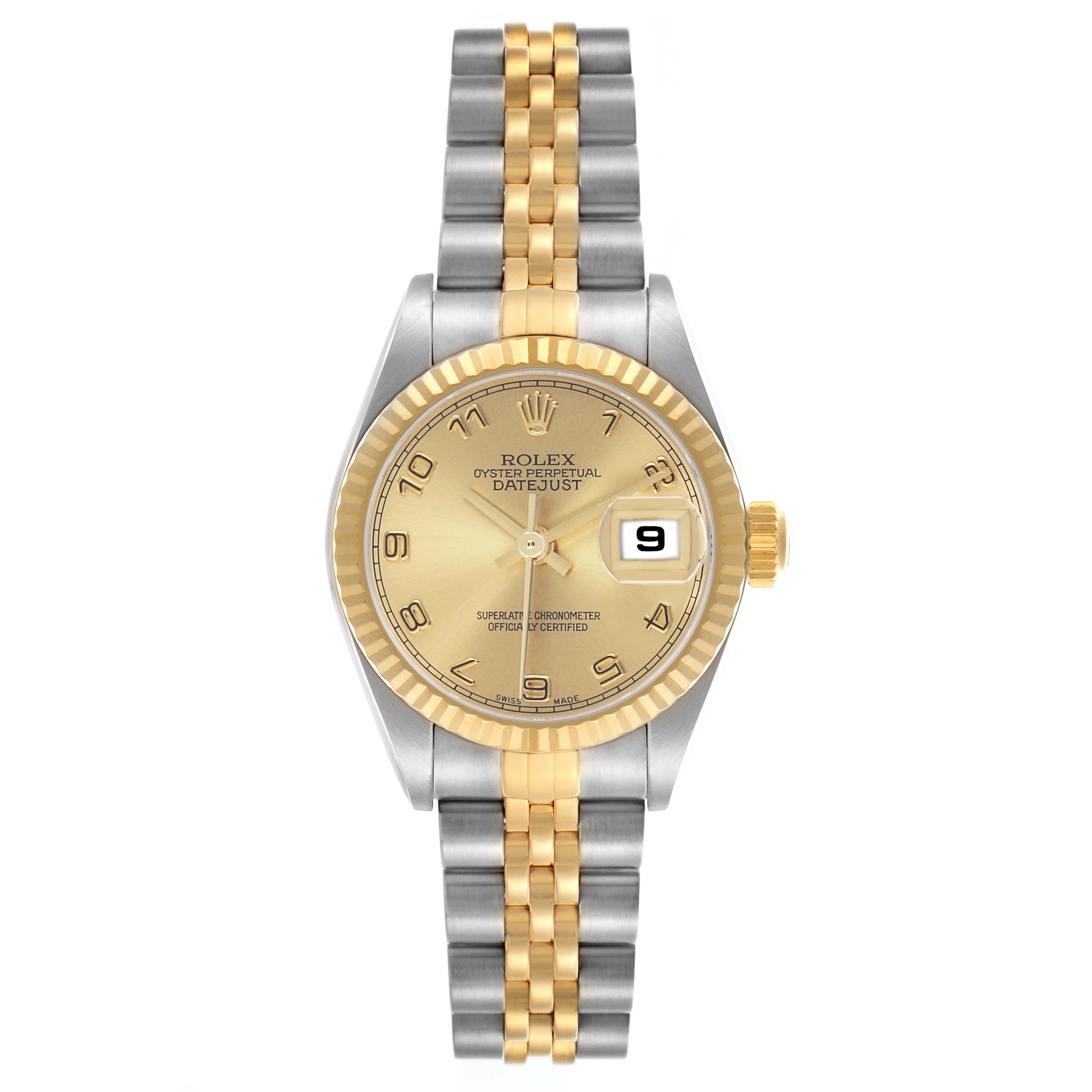 The Rolex Datejust 79173 Women's Steel and Gold (two tone) Champagne Dial watch is shown from a front angle, highlighting the dial, bezel, bracelet, and date display.