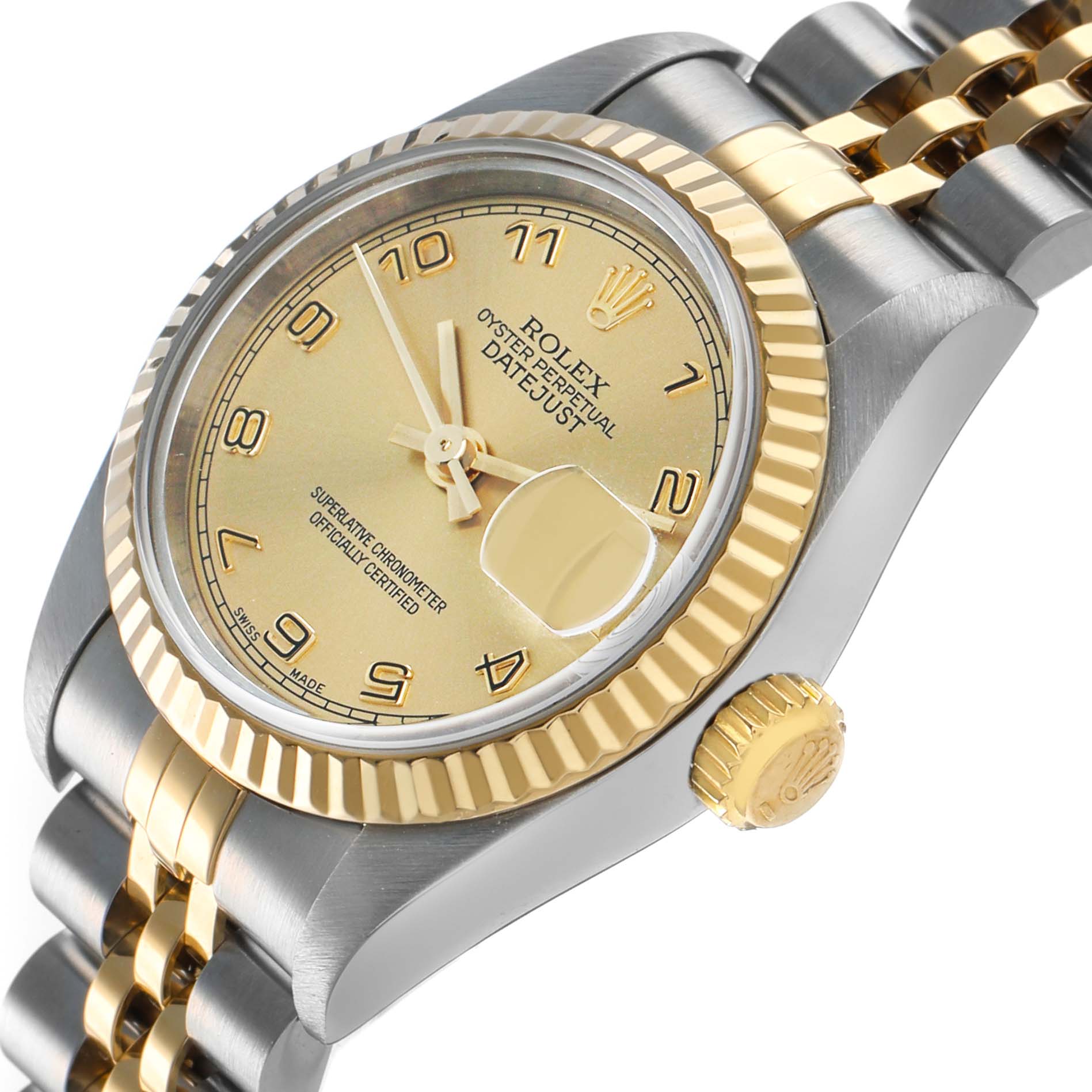 The Rolex Datejust 79173 Women's Steel and Gold (two tone) Champagne Dial watch is shown at an angled side view, highlighting the bezel, dial, crown, and part of the bracelet.