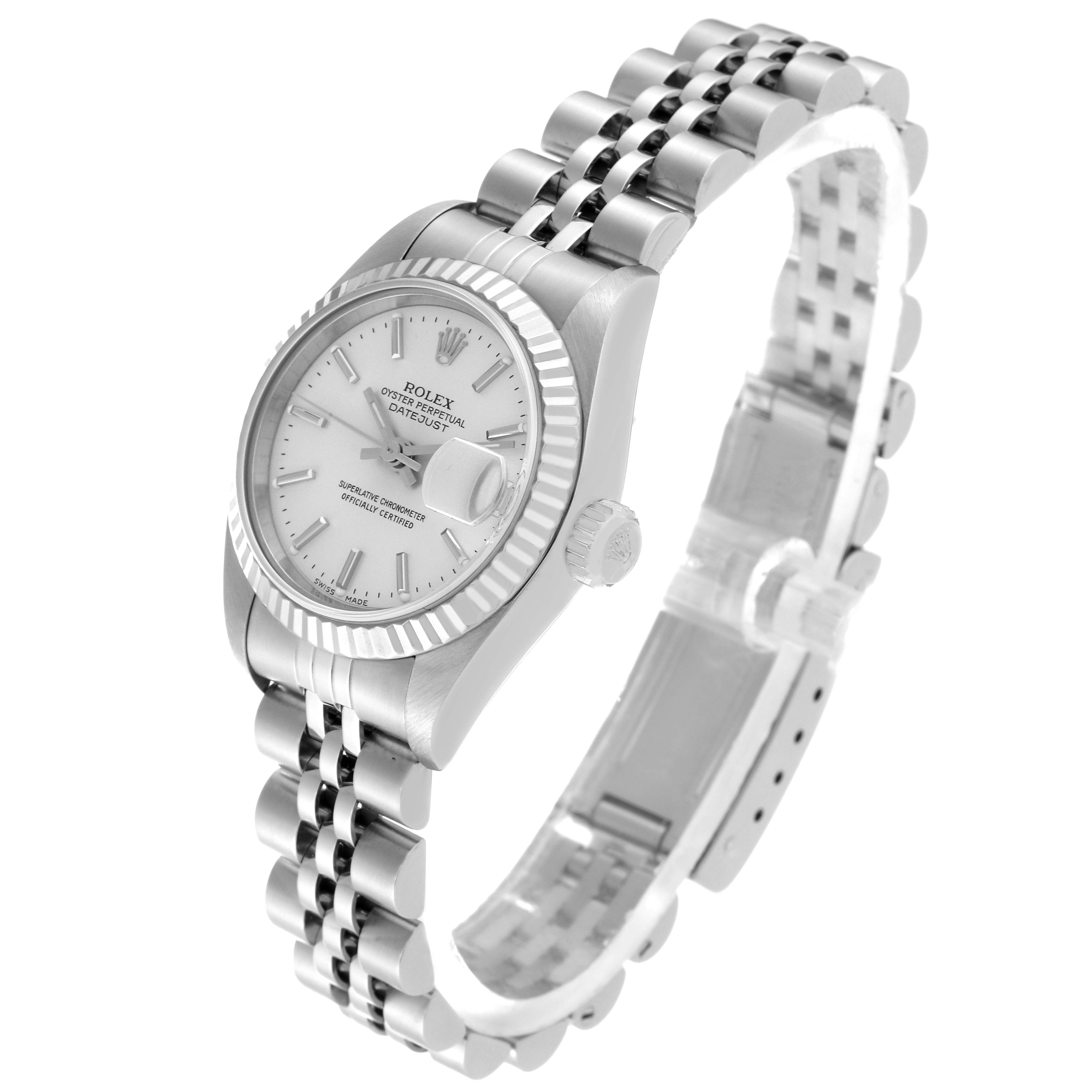 This image shows a Rolex Datejust 79174 Women's Stainless Steel Silver Dial 79174 Women's Stainless Steel Silver Dial watch at an angled side view, highlighting the face, bezel, crown, and bracelet.