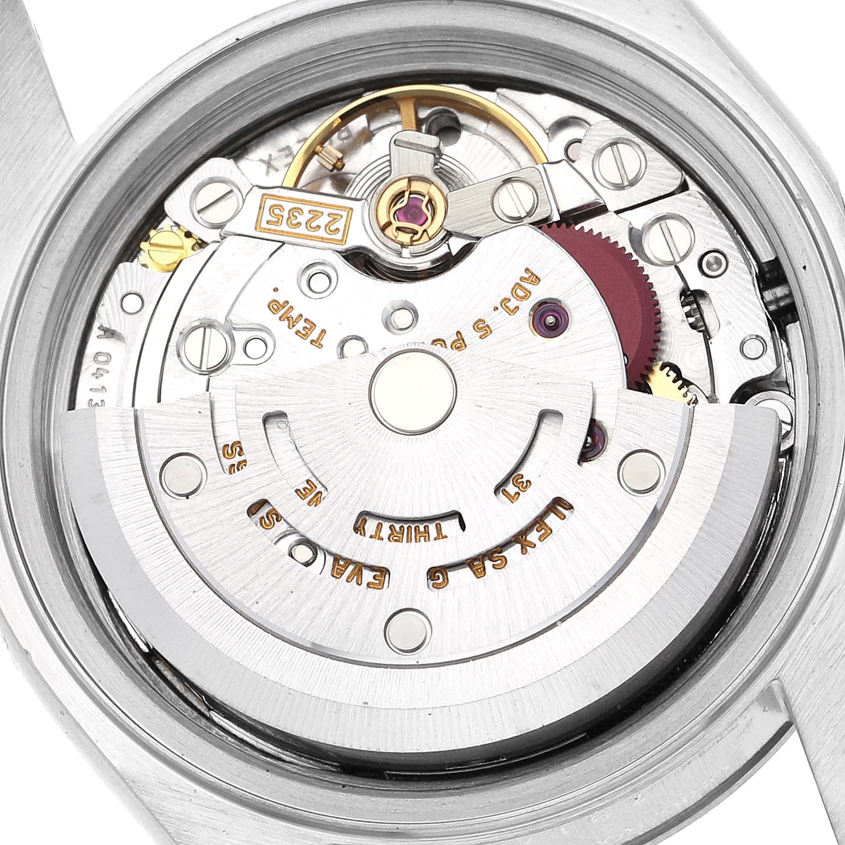 This image shows the internal mechanism and movement of a Rolex Datejust 79174 Women's Stainless Steel Silver Dial 79174 Women's Stainless Steel Silver Dial watch from a top-down angle.