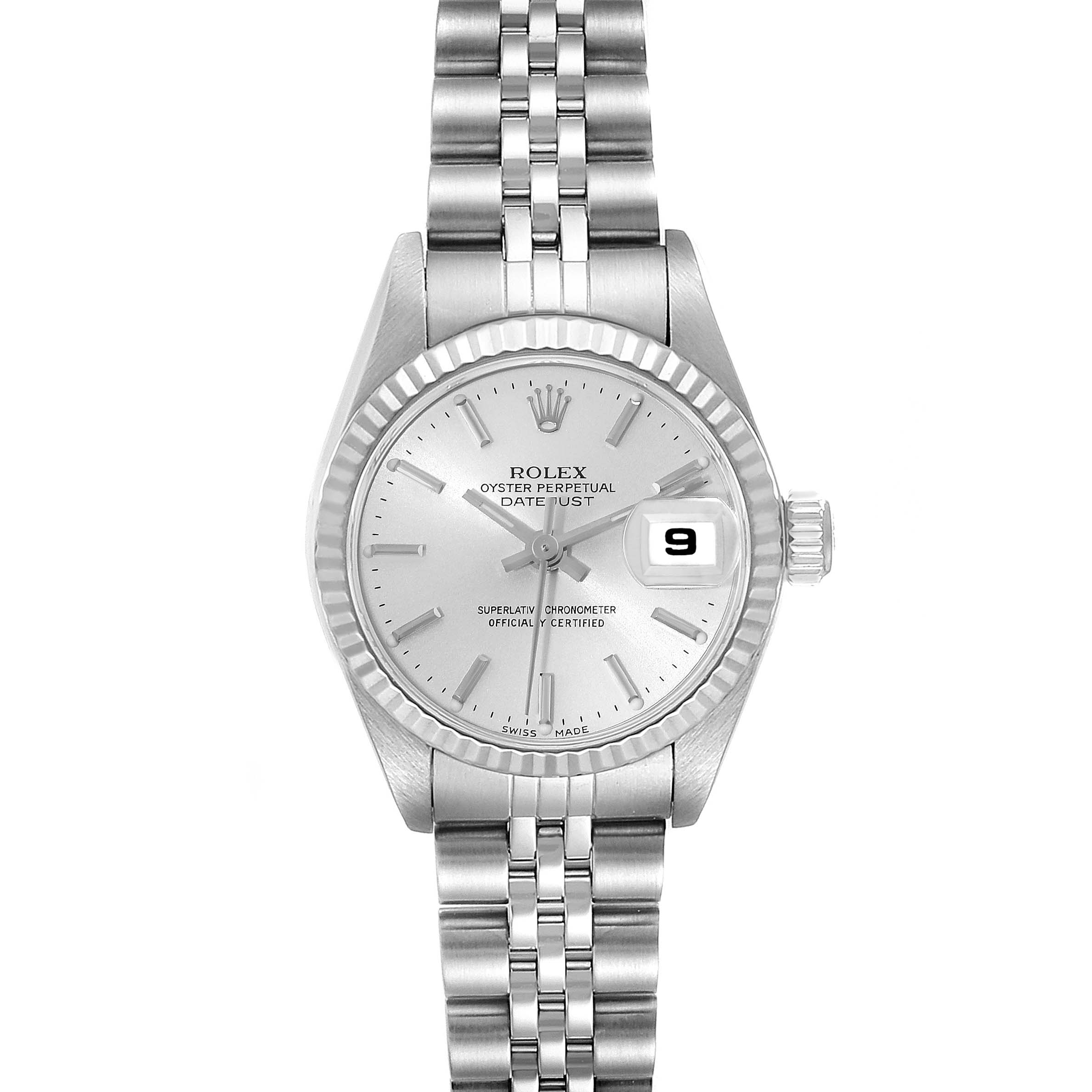 The image shows a front view of the Rolex Datejust 79174 Women's Stainless Steel Silver Dial 79174 Women's Stainless Steel Silver Dial watch, displaying the face, bezel, and part of the bracelet.