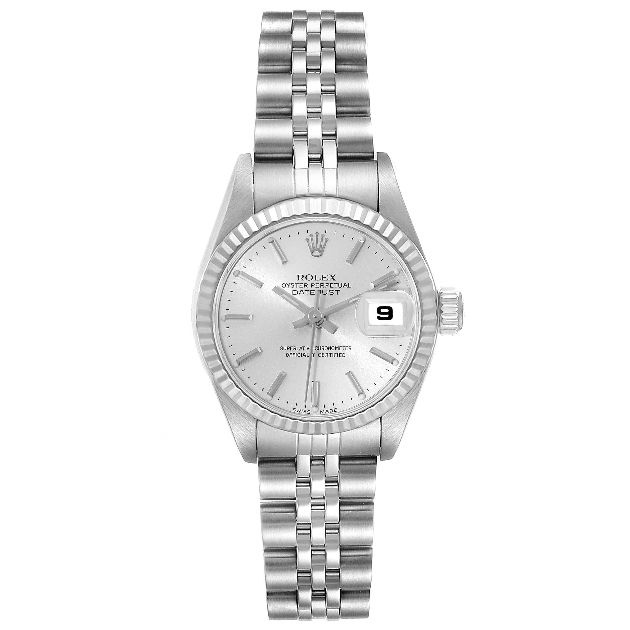 The image shows the Rolex Datejust 79174 Women's Stainless Steel Silver Dial 79174 Women's Stainless Steel Silver Dial watch from a top-down angle, displaying the dial, bezel, and bracelet.