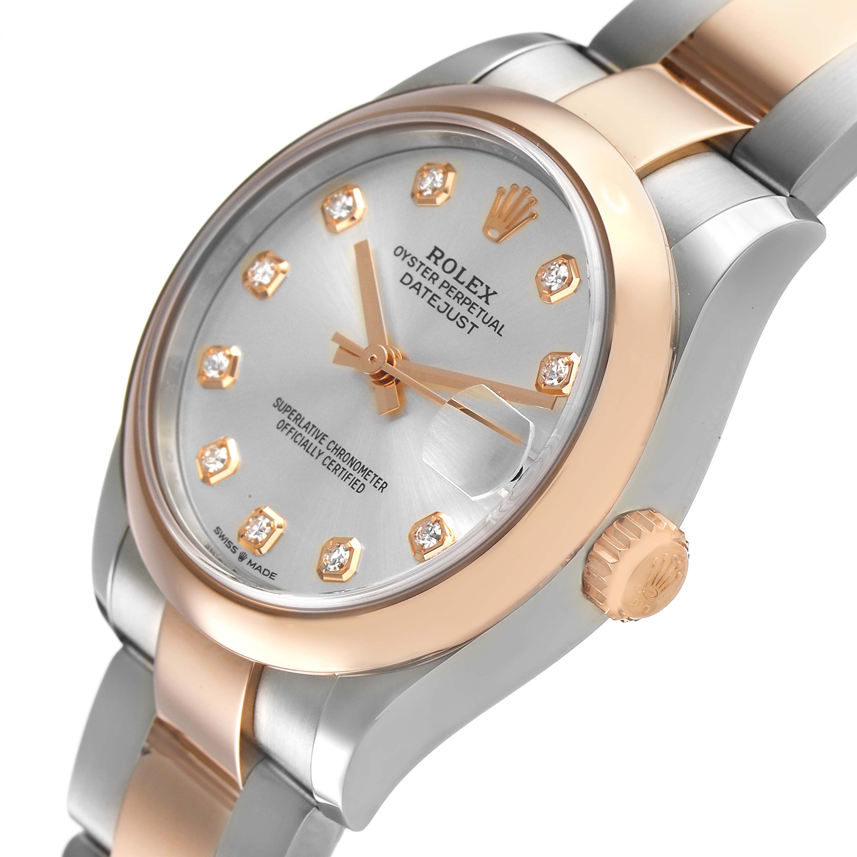The Rolex Datejust 278241 Women's Steel and Gold (two tone) Silver Dial watch is shown at an angled side view highlighting its face, crown, and bracelet.