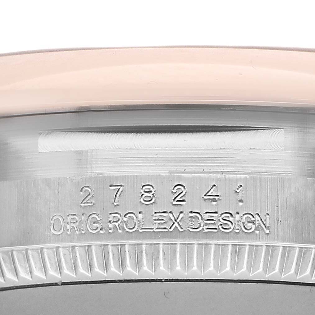 This image shows the side profile of a Rolex Datejust 278241 Women's Steel and Gold (two tone) Silver Dial, highlighting the etched model number on the case.
