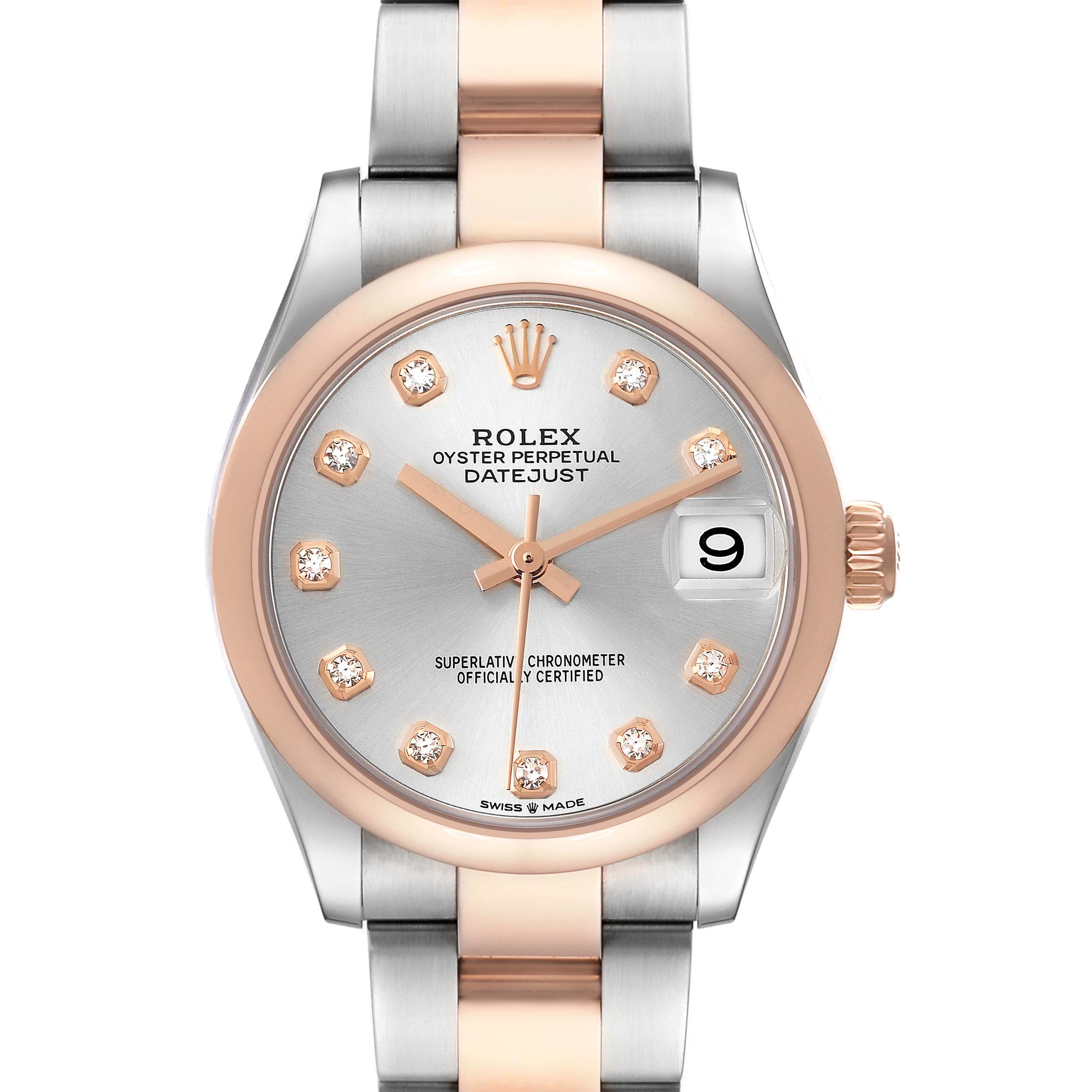 The Rolex Datejust 278241 Women's Steel and Gold (two tone) Silver Dial watch is shown from a front angle, highlighting the dial, bezel, and part of the bracelet.