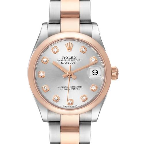 The Rolex Datejust 278241 Women's Steel and Gold (two tone) Silver Dial watch is shown from the front, displaying the face, crown, bezel, and part of the bracelet.