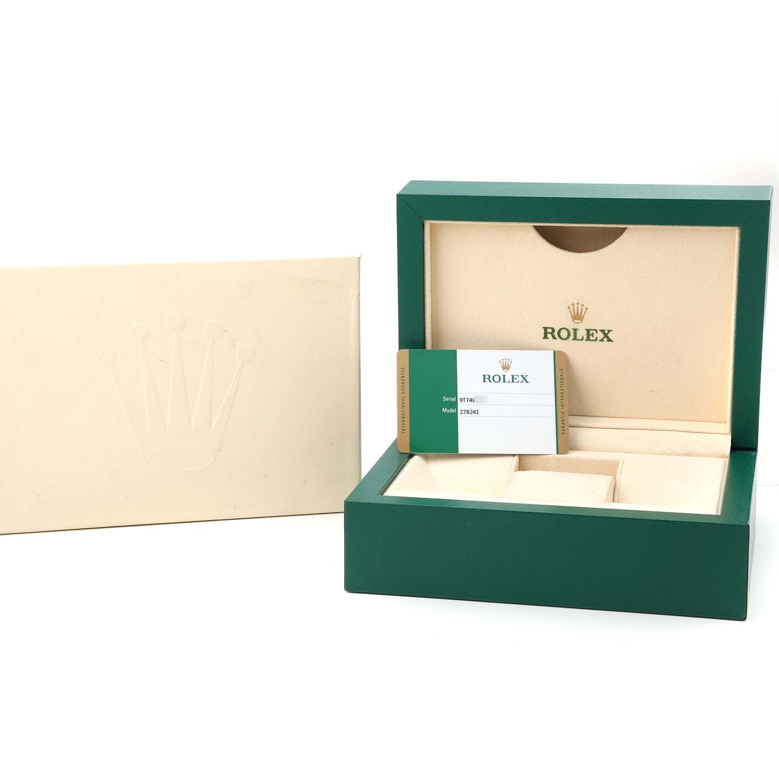The image shows a Rolex Datejust 278241 Women's Steel and Gold (two tone) Silver Dial watch box and warranty card, angled to display the open box interior.