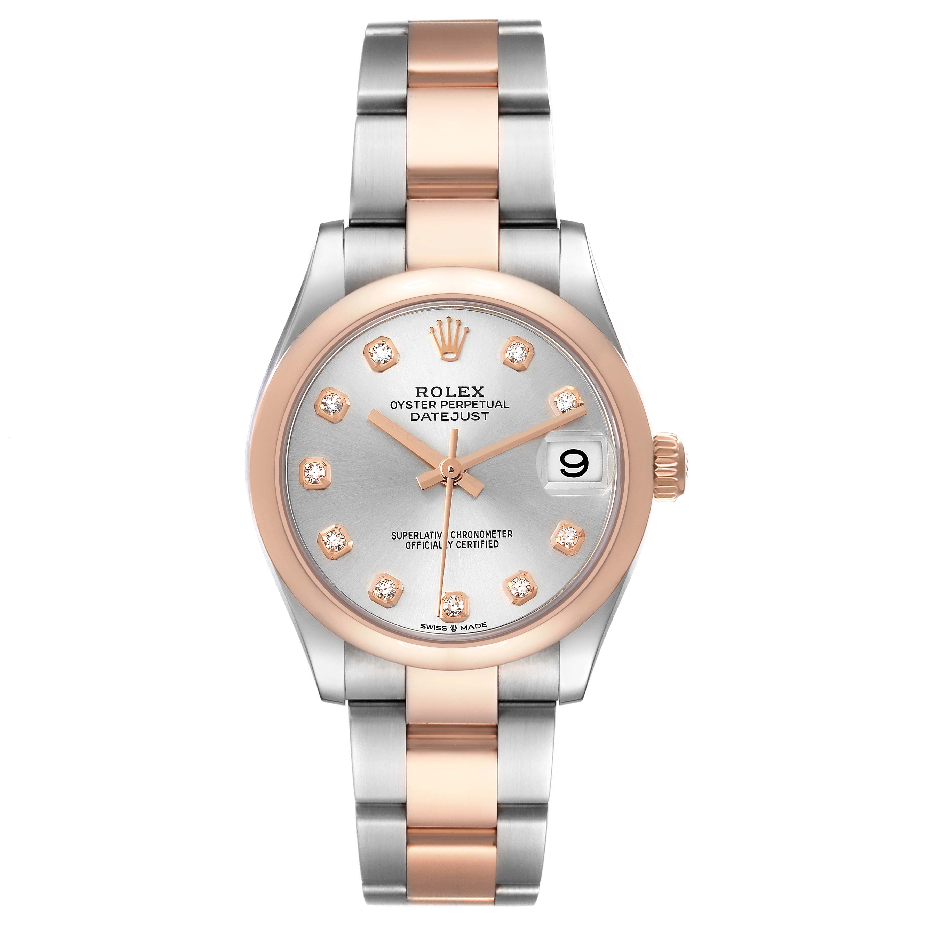 The Rolex Datejust 278241 Women's Steel and Gold (two tone) Silver Dial watch is shown from a top-down angle, highlighting the dial, bezel, and bracelet.