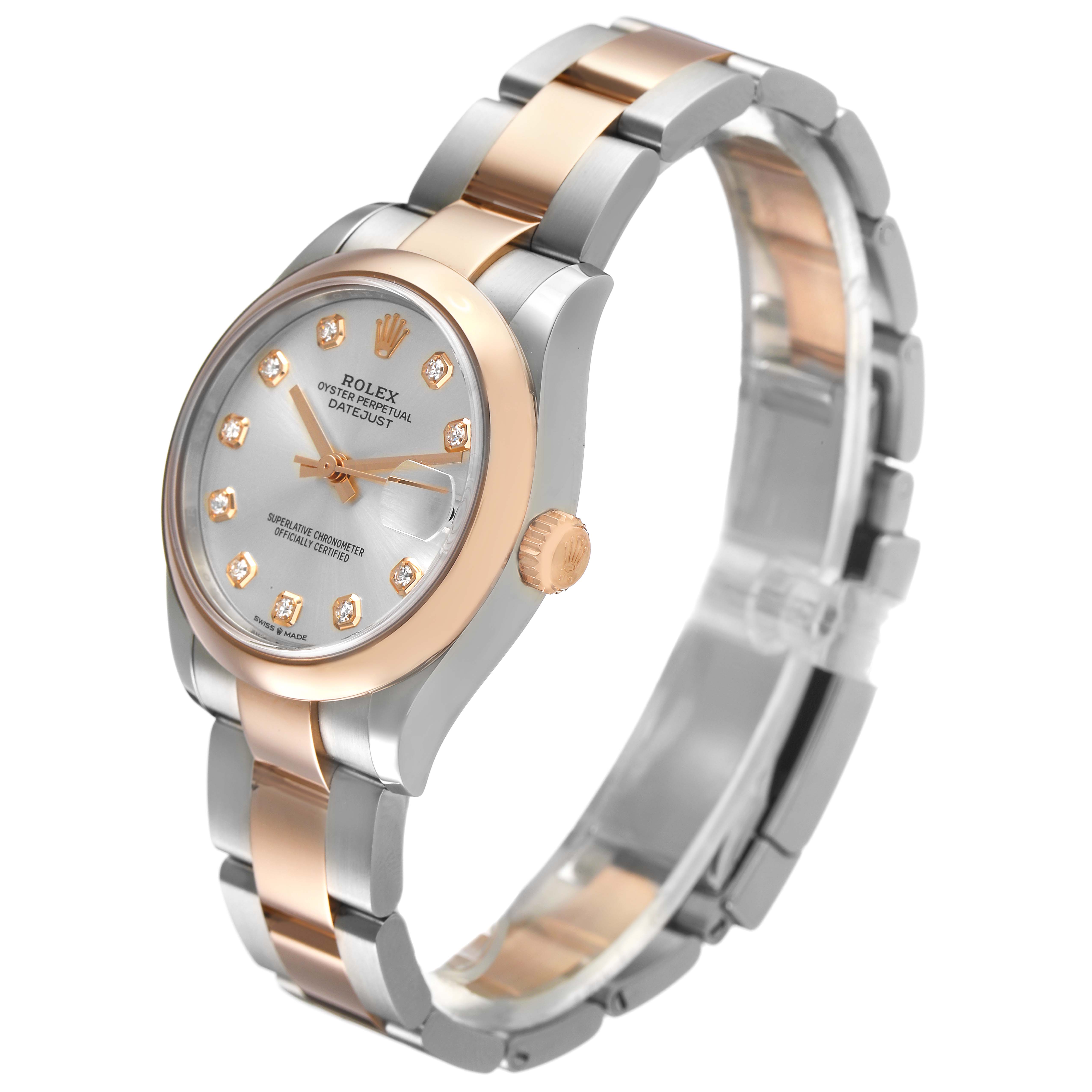 The Rolex Datejust 278241 Women's Steel and Gold (two tone) Silver Dial watch is shown from a front angle, highlighting the face, bezel, crown, and bracelet.