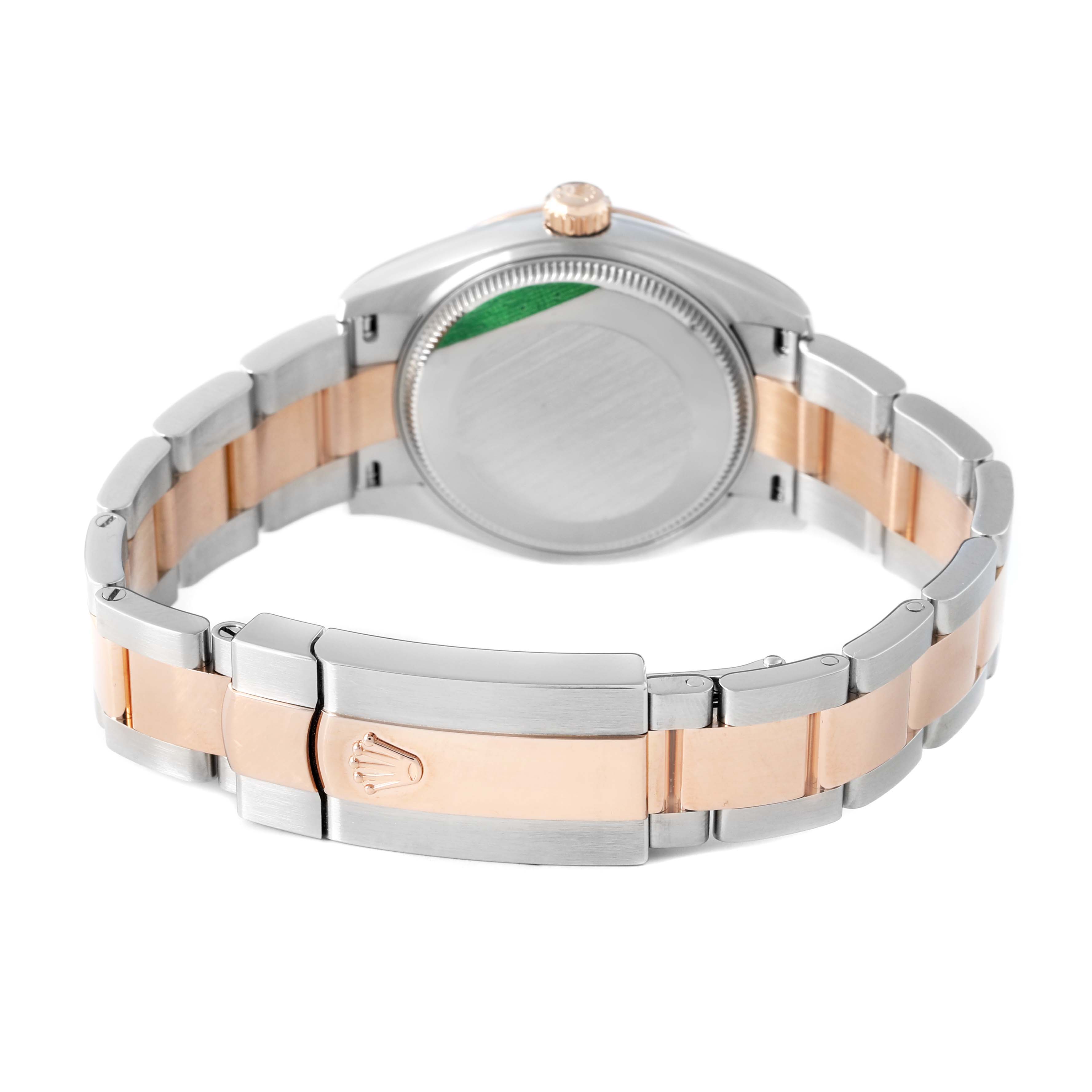 The image shows the back of a Rolex Datejust 278241 Women's Steel and Gold (two tone) Silver Dial watch, highlighting the clasp and bracelet from the rear angle.