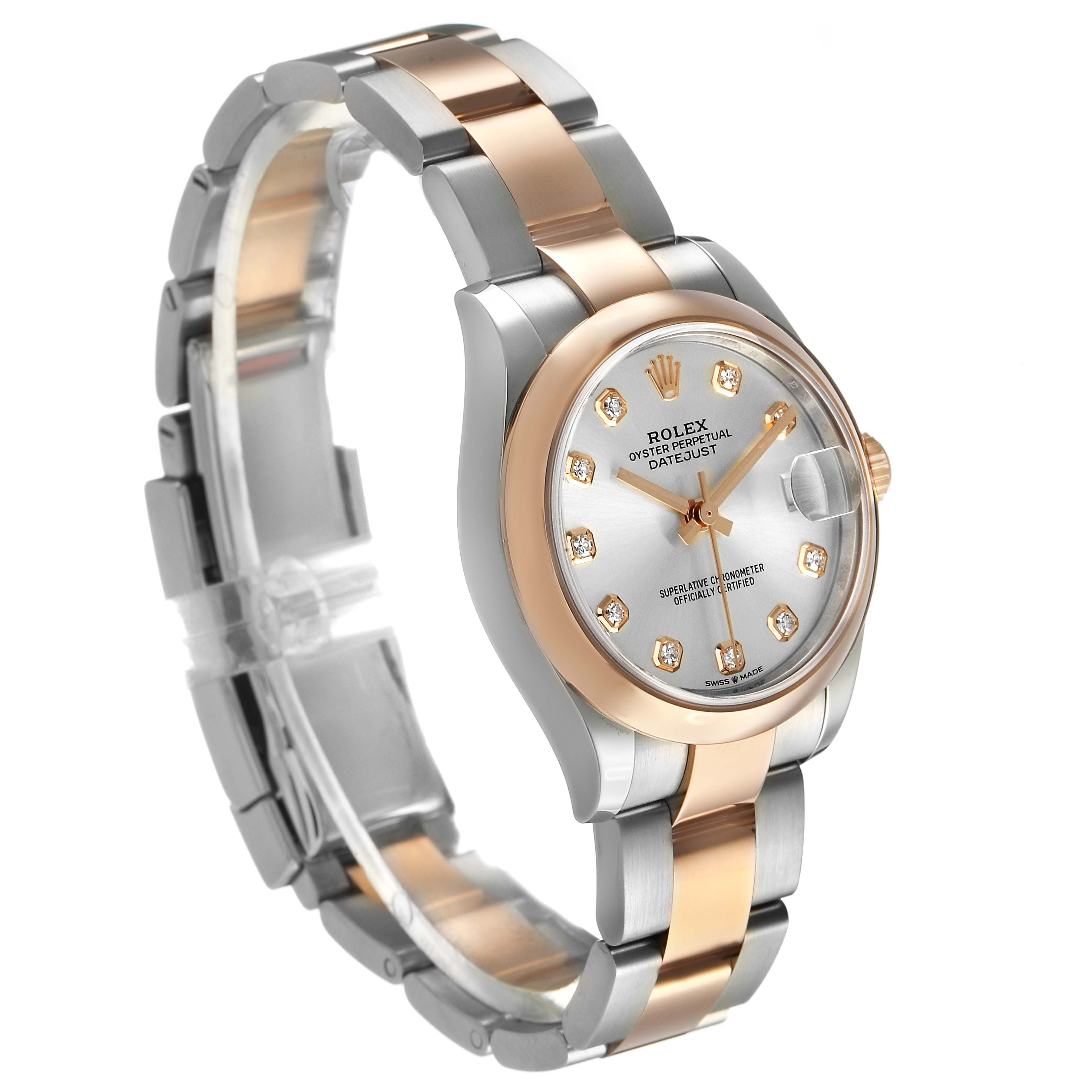 The Rolex Datejust 278241 Women's Steel and Gold (two tone) Silver Dial watch is shown at a three-quarter angle, displaying its dial, bezel, and bracelet prominently.