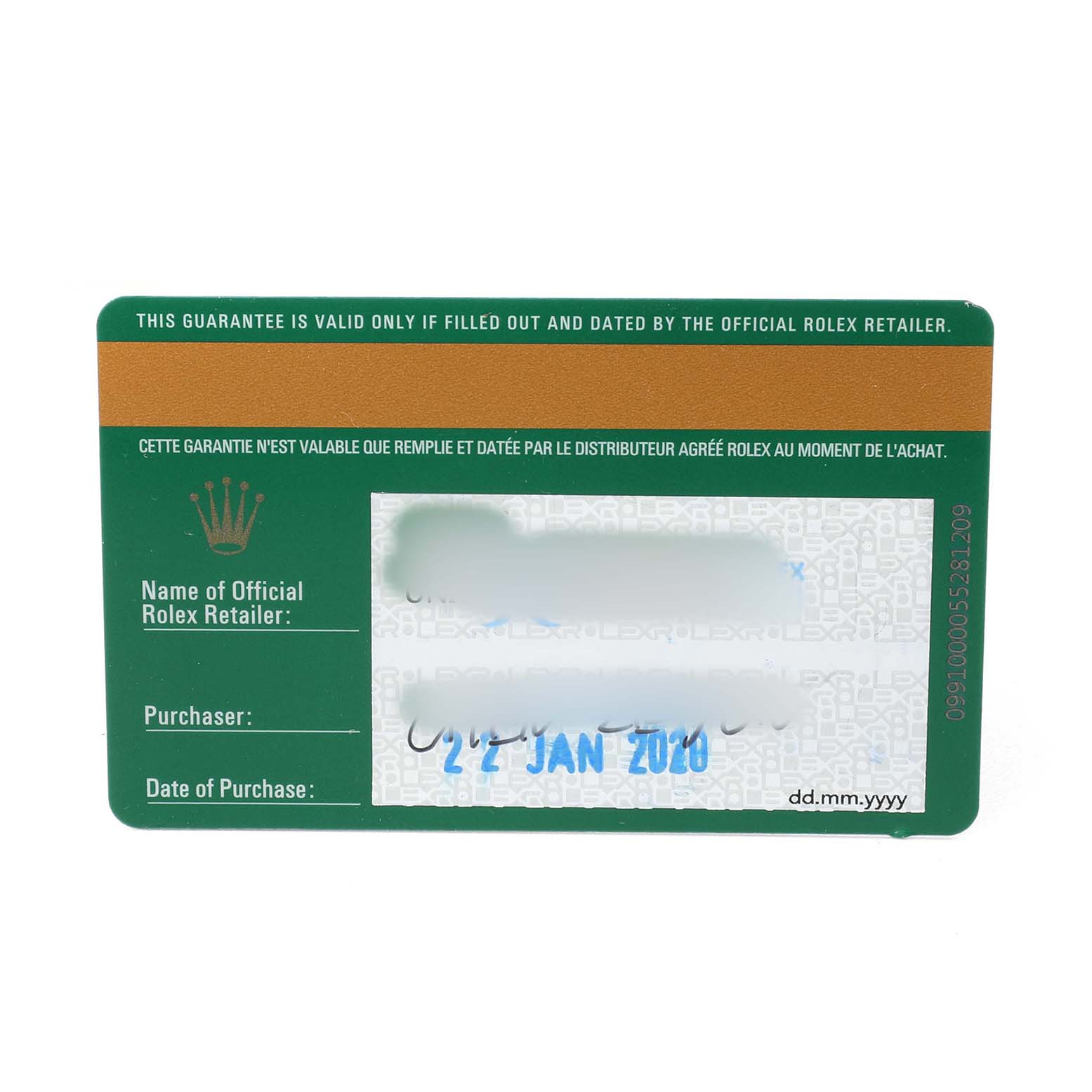 The image shows a Rolex Datejust 278241 Women's Steel and Gold (two tone) Silver Dial warranty card, featuring retailer details and purchase date.