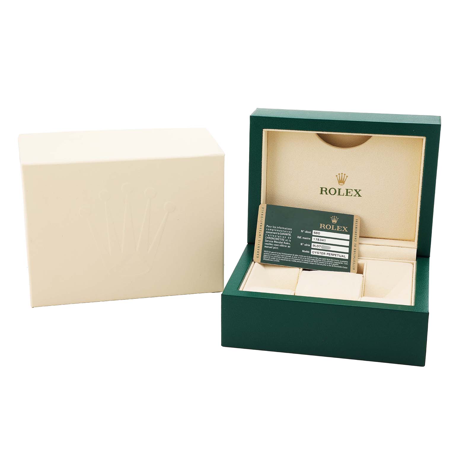 The image shows the open box and authenticity card for a Rolex Datejust 178341 Women's Steel and Gold (two tone) Brown Dial watch from a front angle.