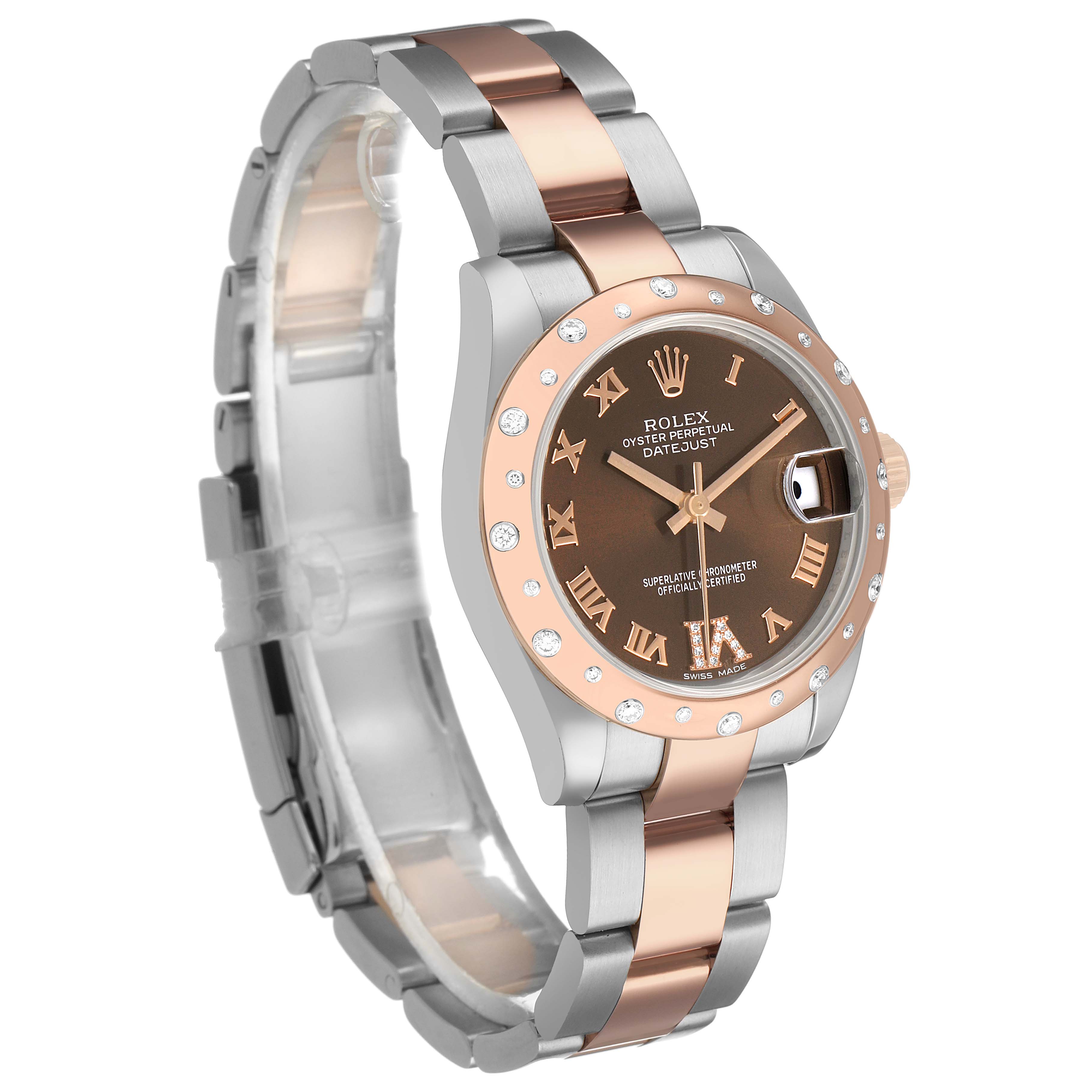 The Rolex Datejust 178341 Women's Steel and Gold (two tone) Brown Dial watch is shown at an angle highlighting the bezel, dial, and bracelet.